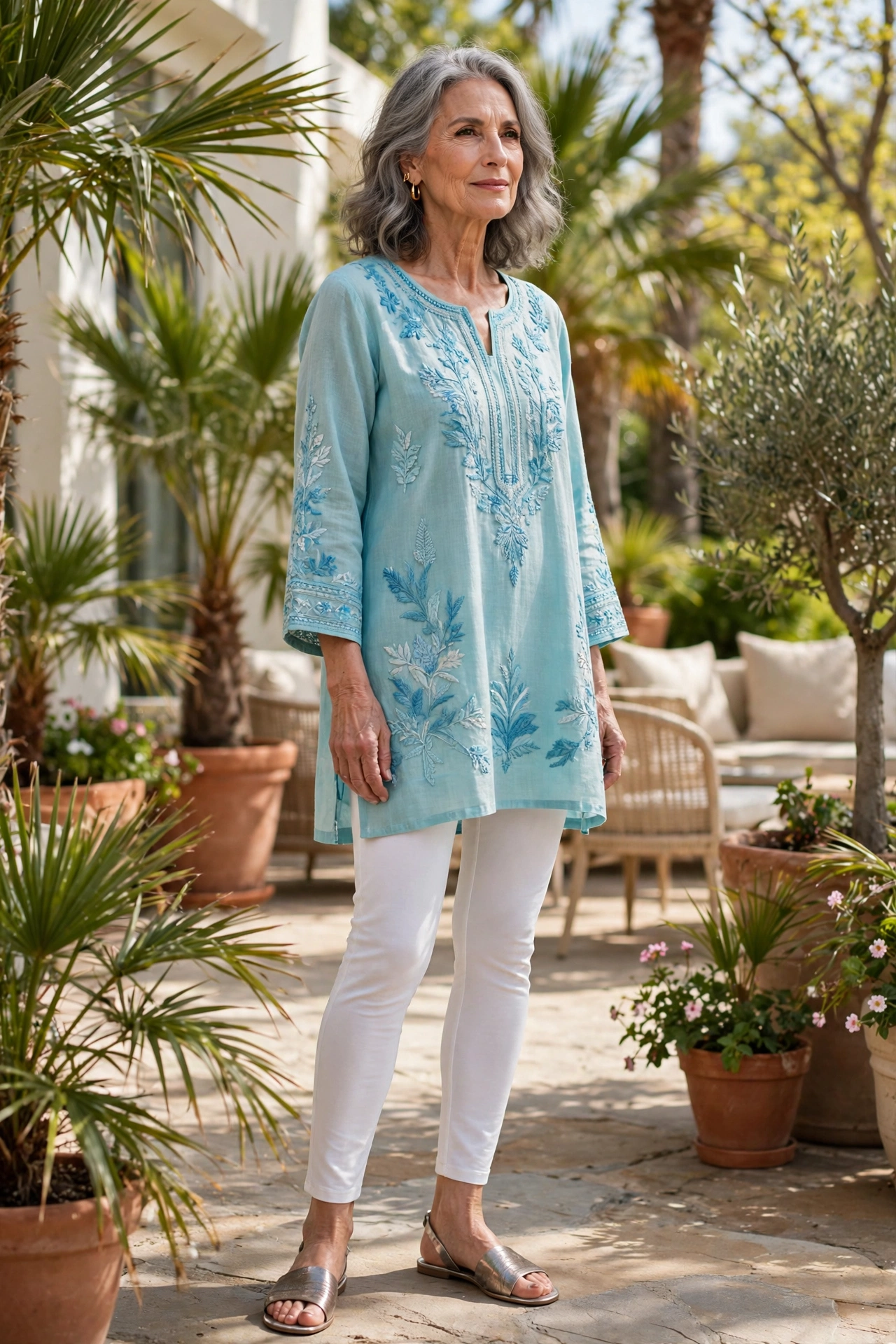 Woman over 60 in an aqua embroidered tunic and white leggings on a sunny patio