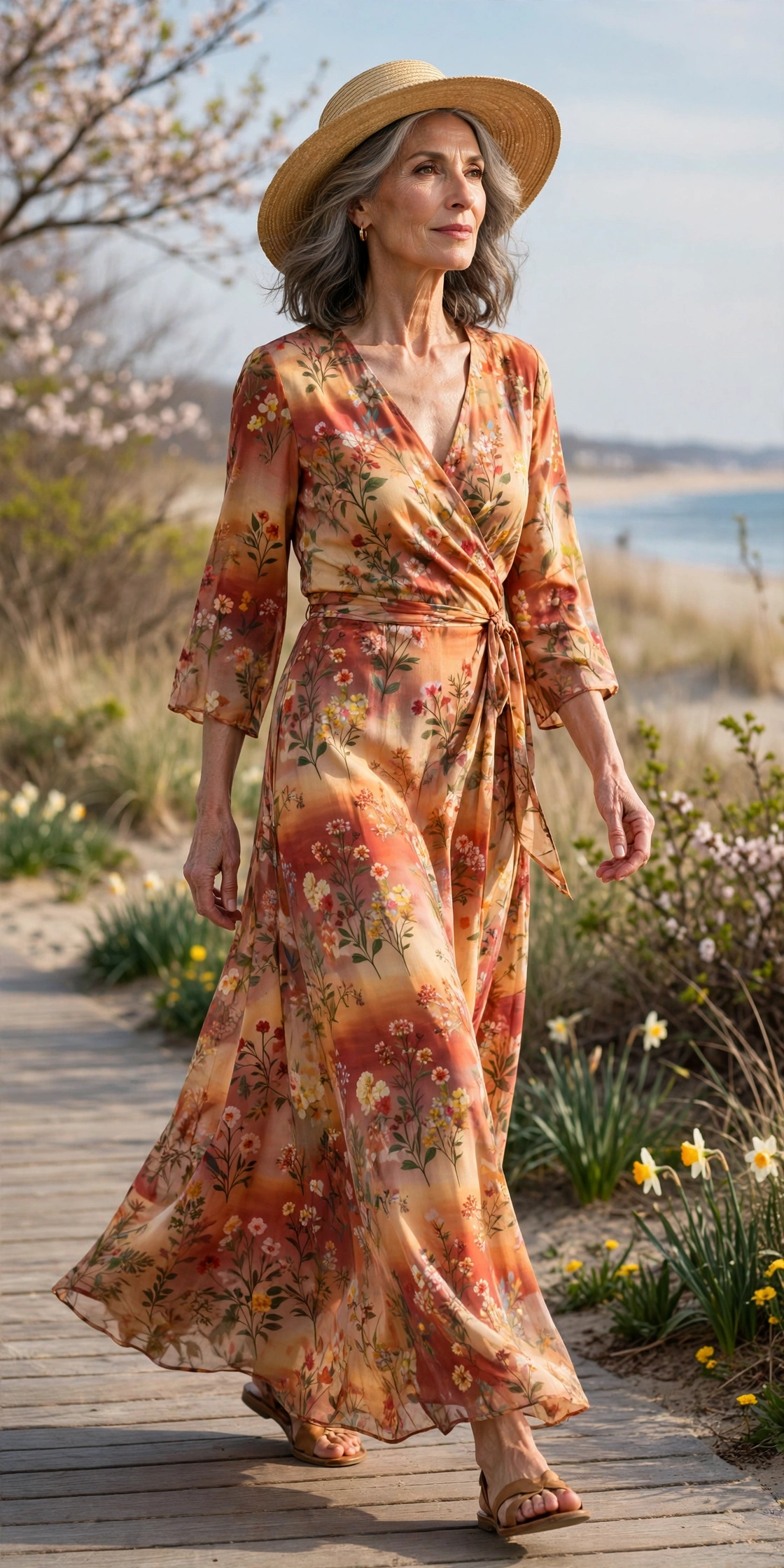 Woman over 60 in a floral wrap maxi dress and straw hat on a boardwalk