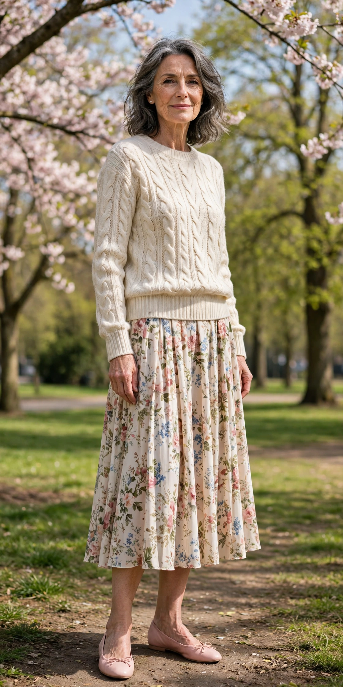 Woman over 60 in a cream cable-knit sweater and floral midi skirt in a park