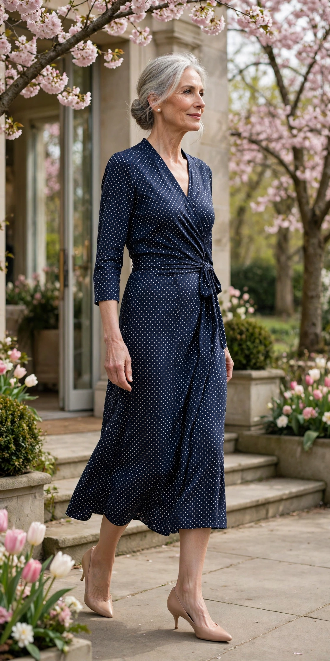 Woman over 60 in a navy polka-dot wrap dress with nude heels at a spring event