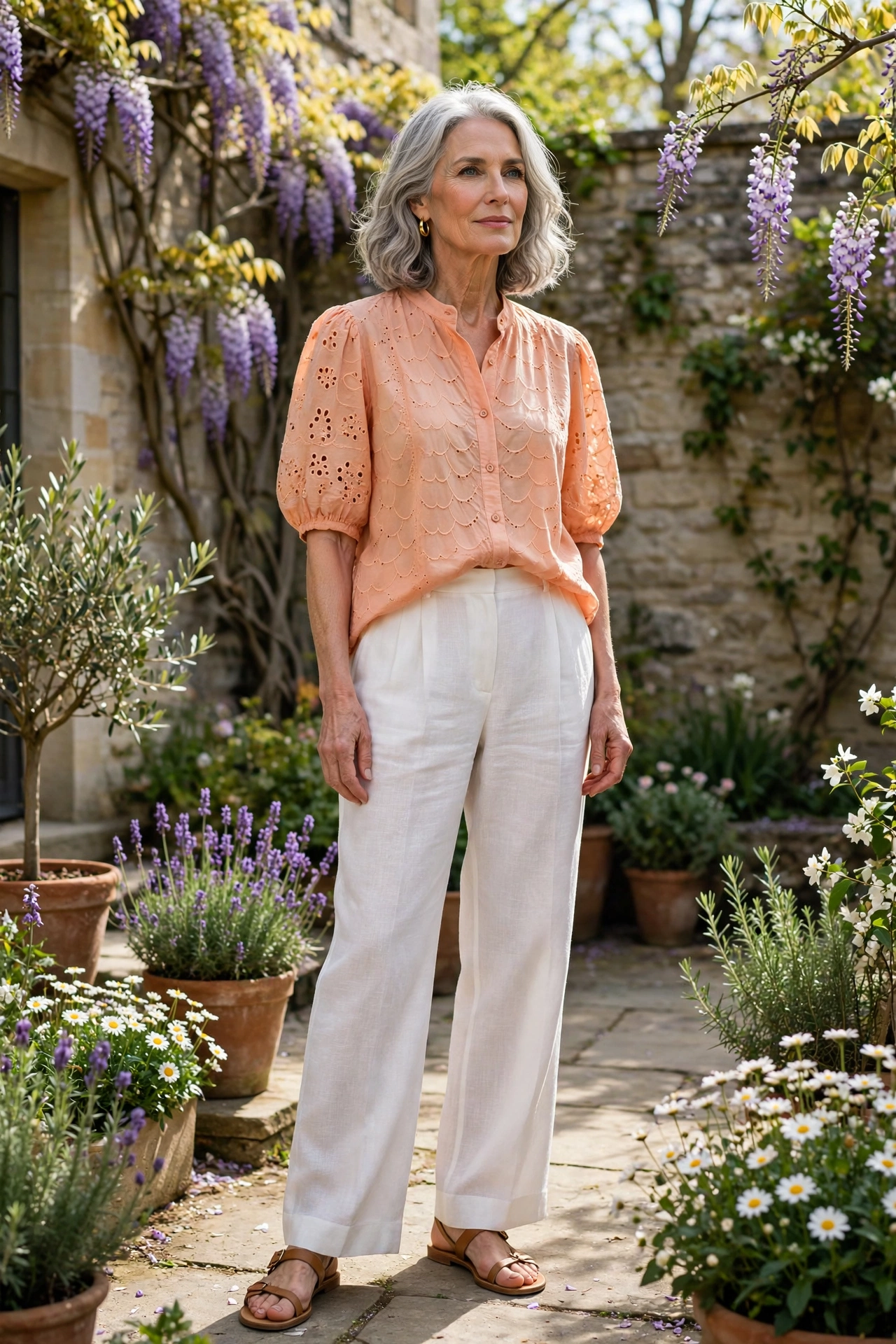 Woman over 60 in a peach eyelet blouse and white linen trousers in a courtyard