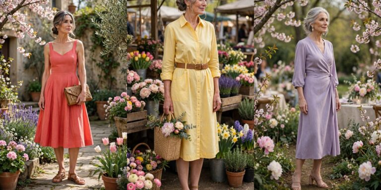 23 fresh spring outfits for women over 60: pretty sunny-day looks collage