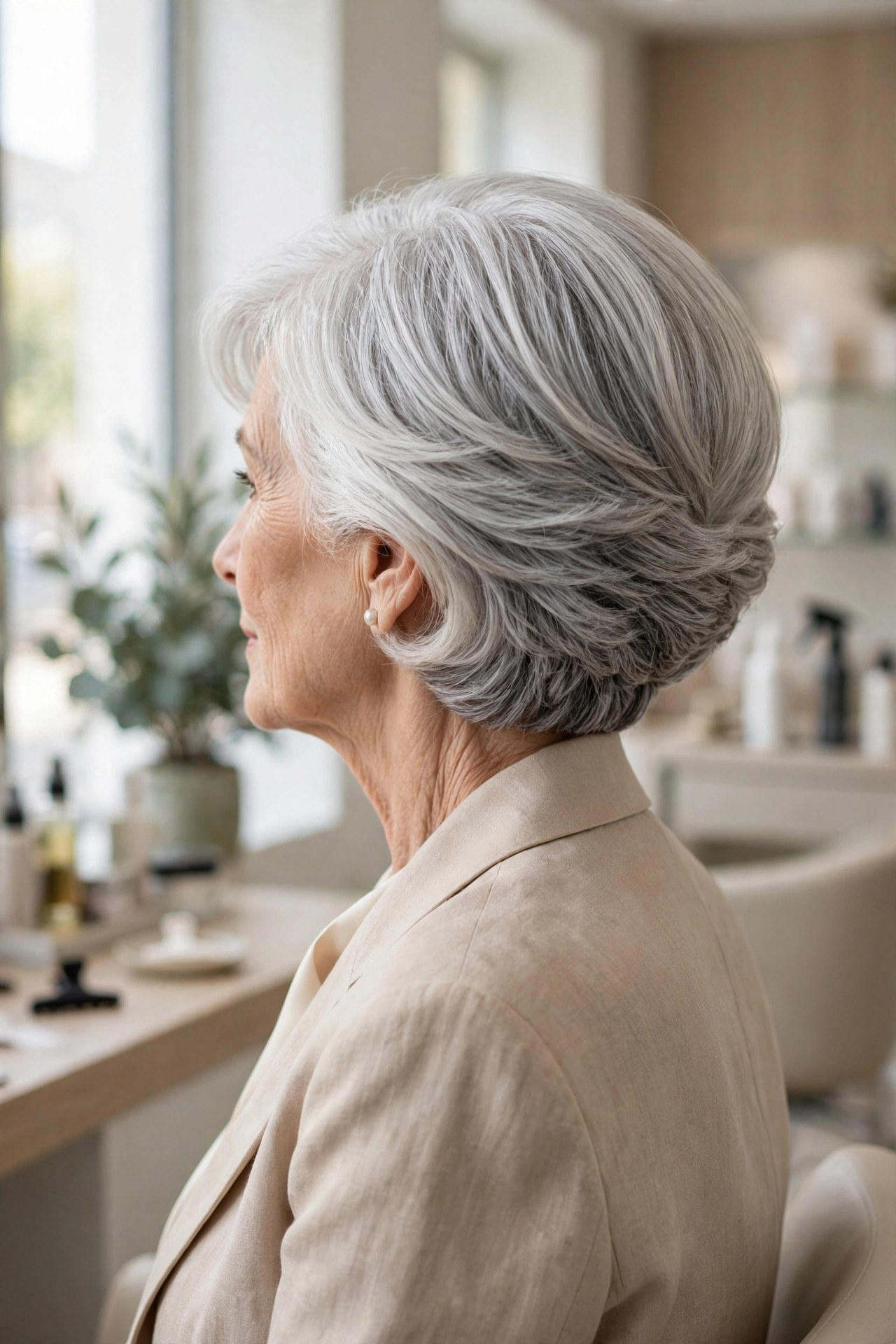 Back view of a graduated bob with stacked rounded nape on silver hair