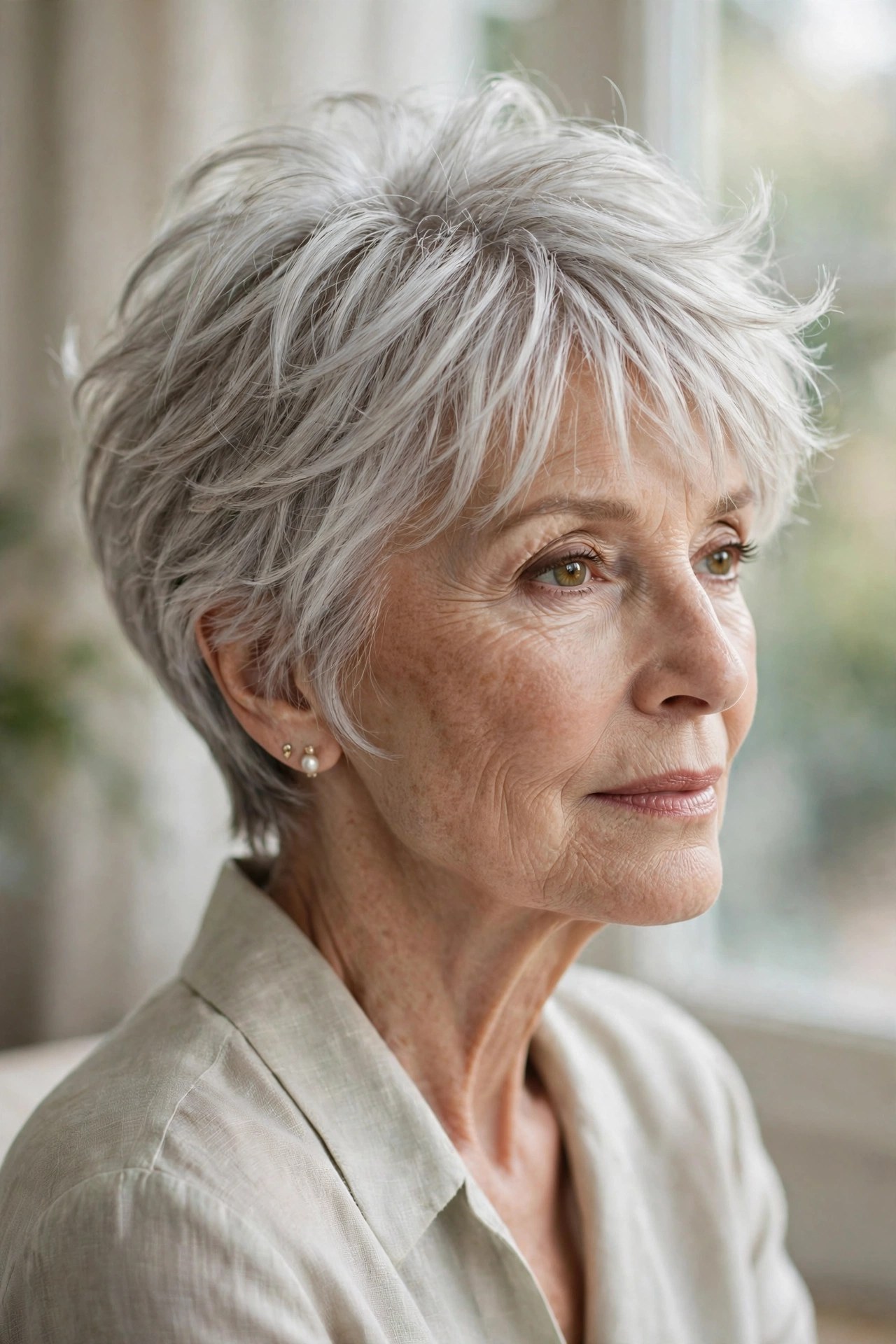 Woman in her 70s with an air-layered silver pixie with root lift