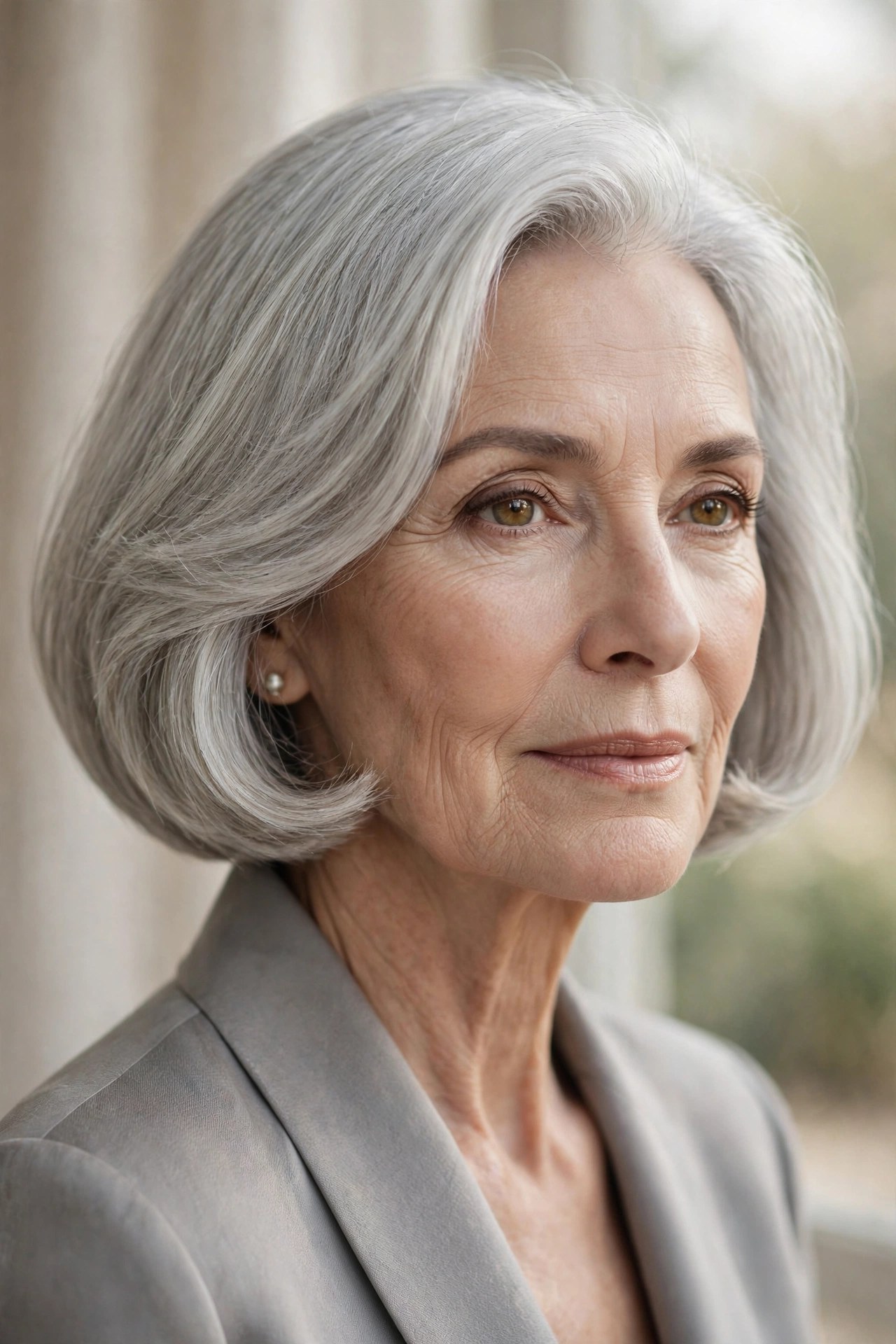 Woman in her 70s with a rounded chin bob with beveled ends