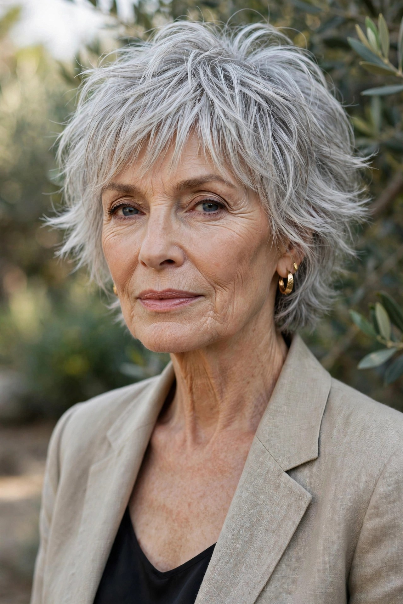 Woman in her 70s with a short silver shag with choppy layers