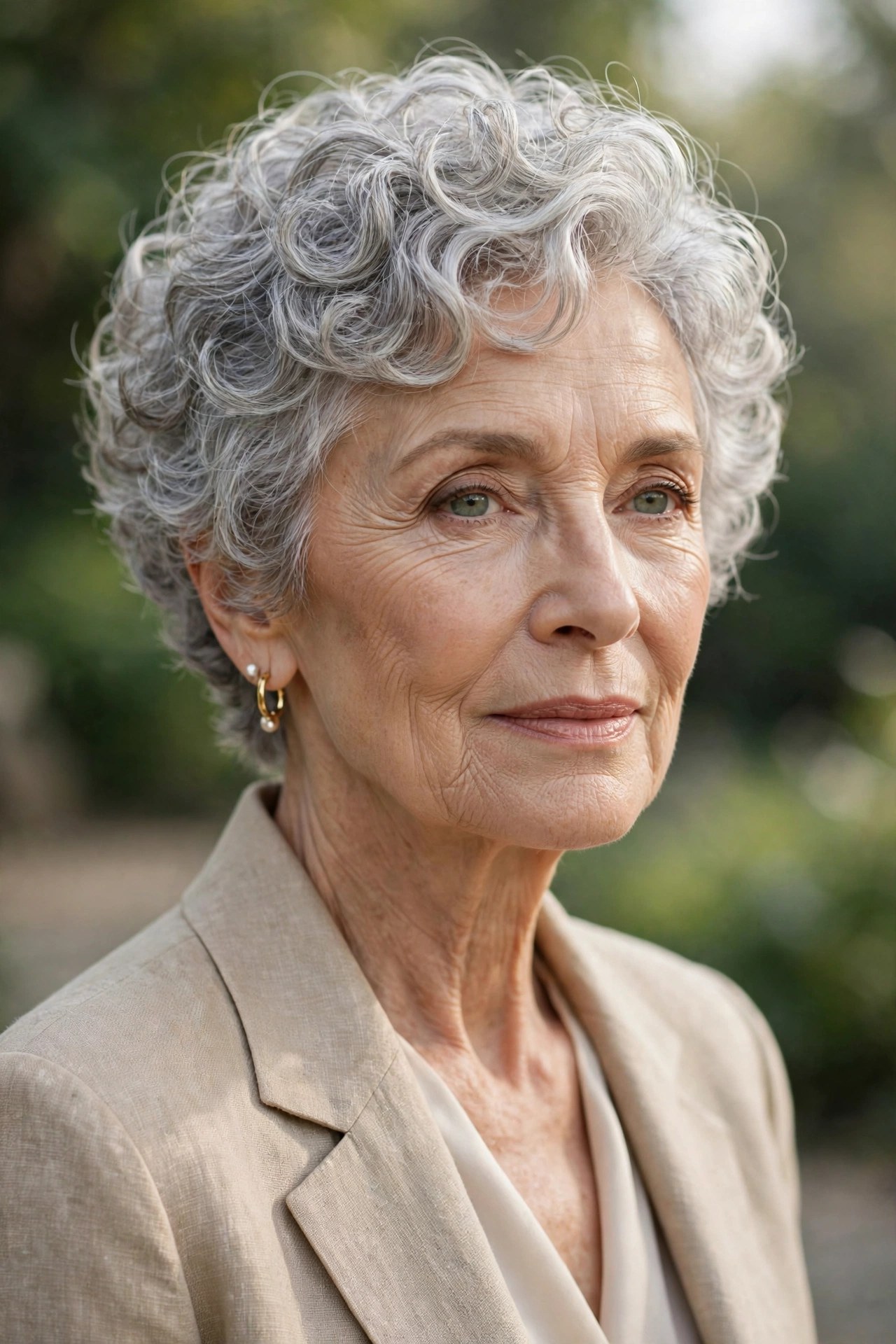 Woman in her 70s with a natural curl pixie with defined curls
