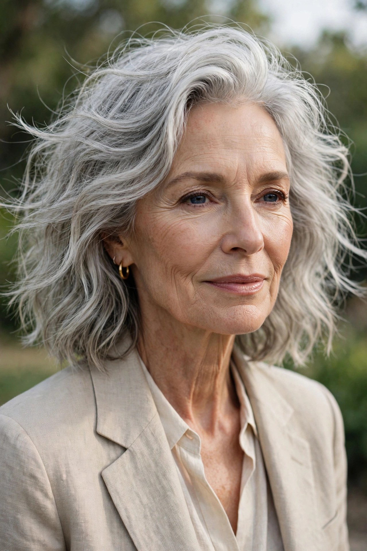 Woman in her 70s with a wind-dried wavy silver lob