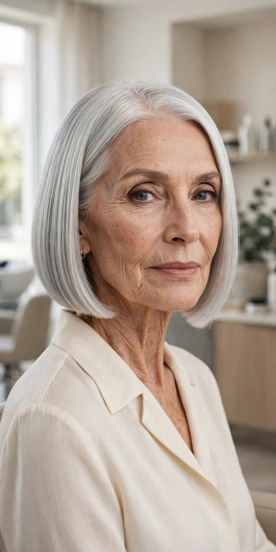 Woman in her 70s with a jaw-length blunt silver bob