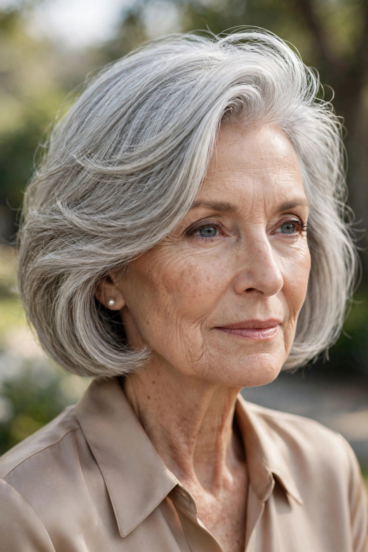 Woman in her 70s with a jaw bob and deep side part