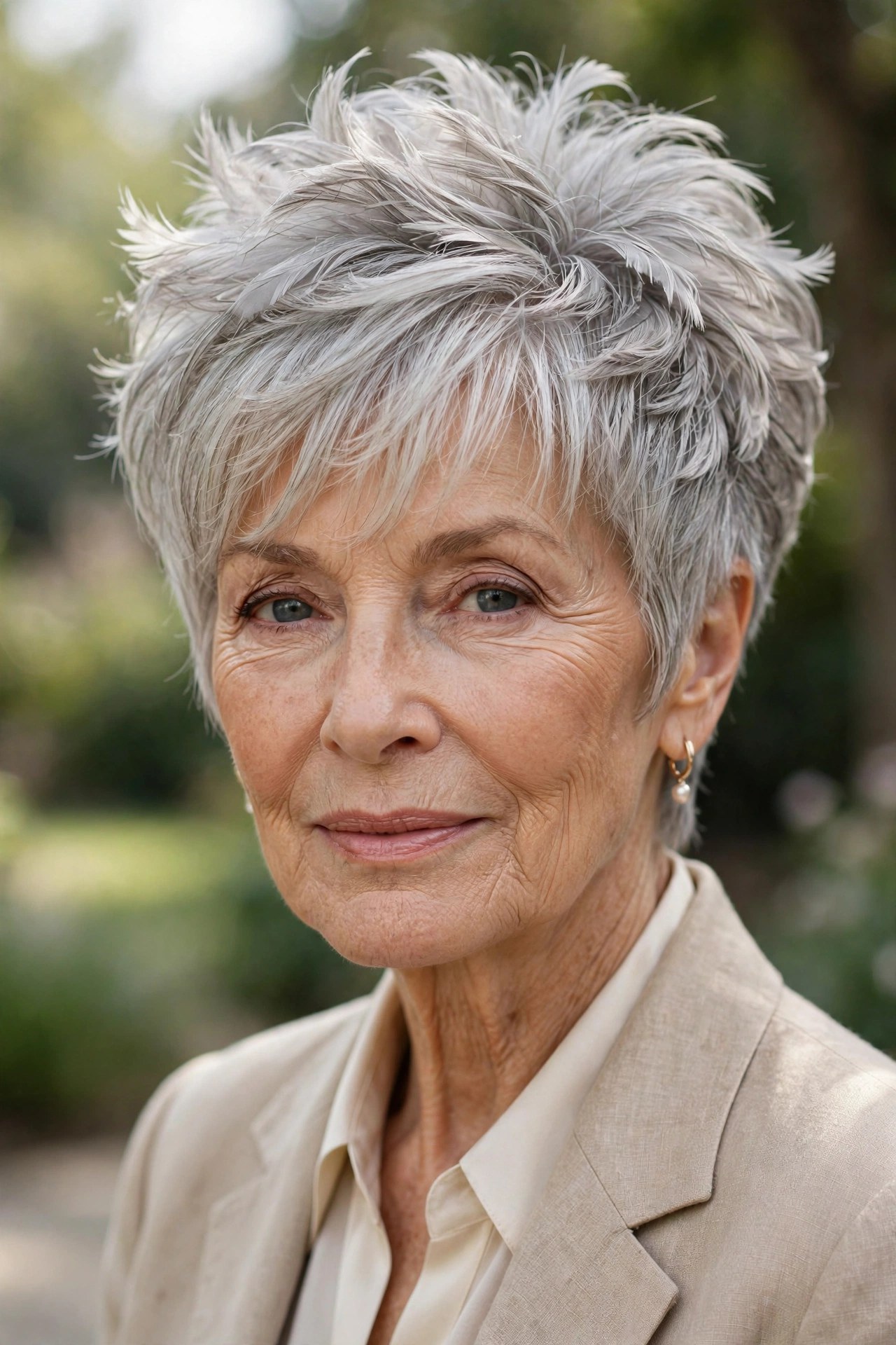 Woman in her 70s with a feathered bixie and wispy fringe