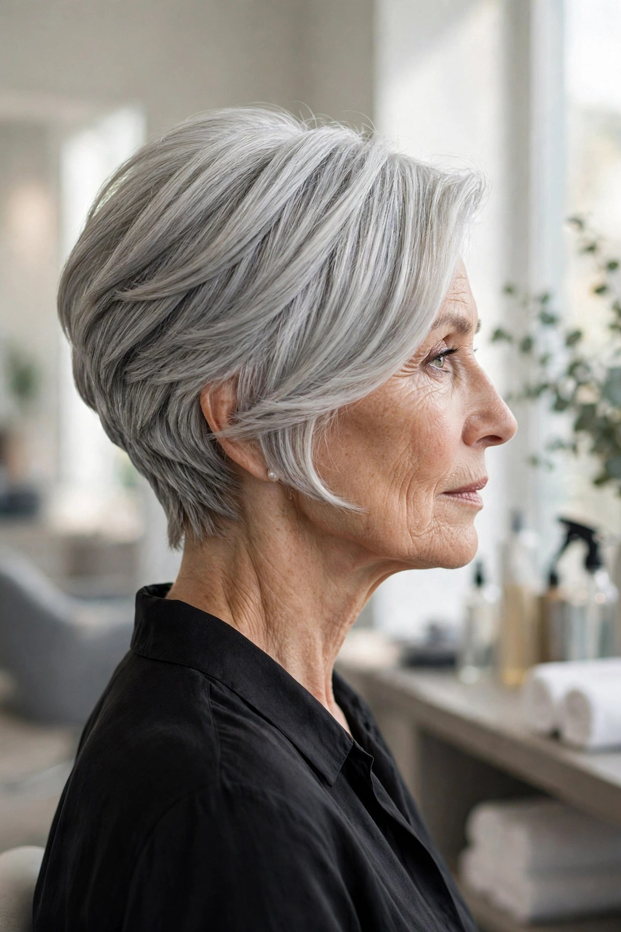 Side view of a stacked wedge haircut with angled nape