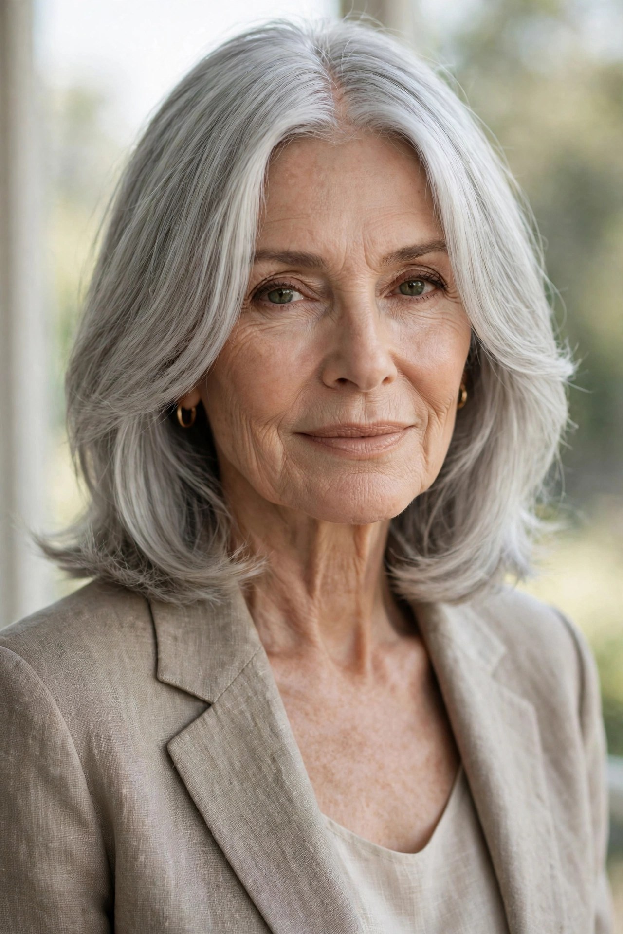 Woman in her 70s with a midi cut and long curtain bangs