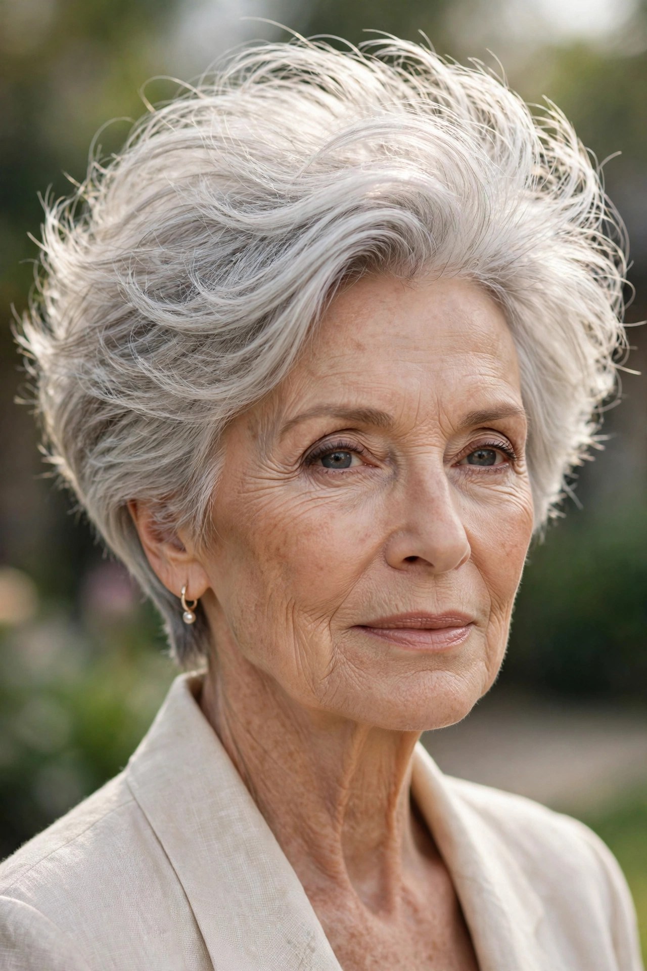 Woman in her 70s with a short crop with cloud-soft crown layers