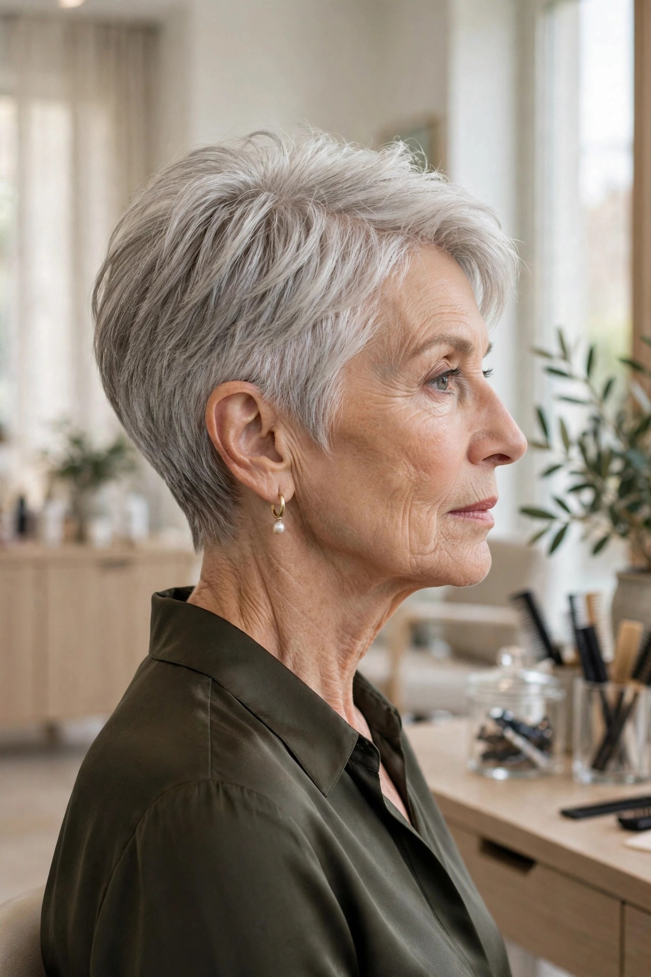 Side view of a pixie with tapered nape and long crown