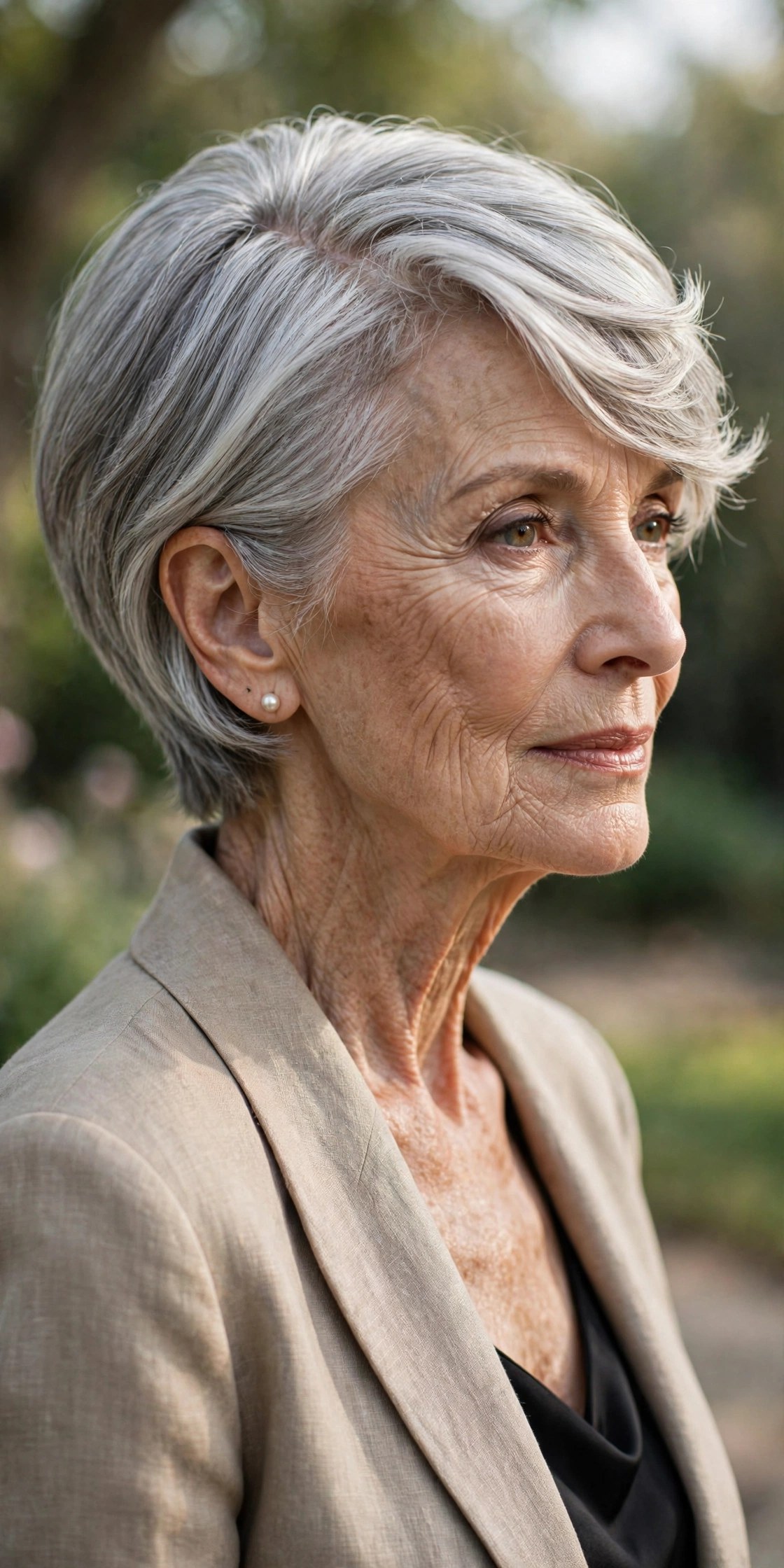 Woman in her 70s with a sweep-across pixie from a deep part