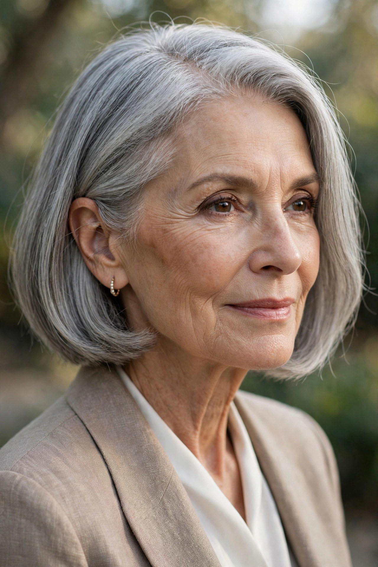 Woman in her 70s with a jaw bob tucked behind the ear