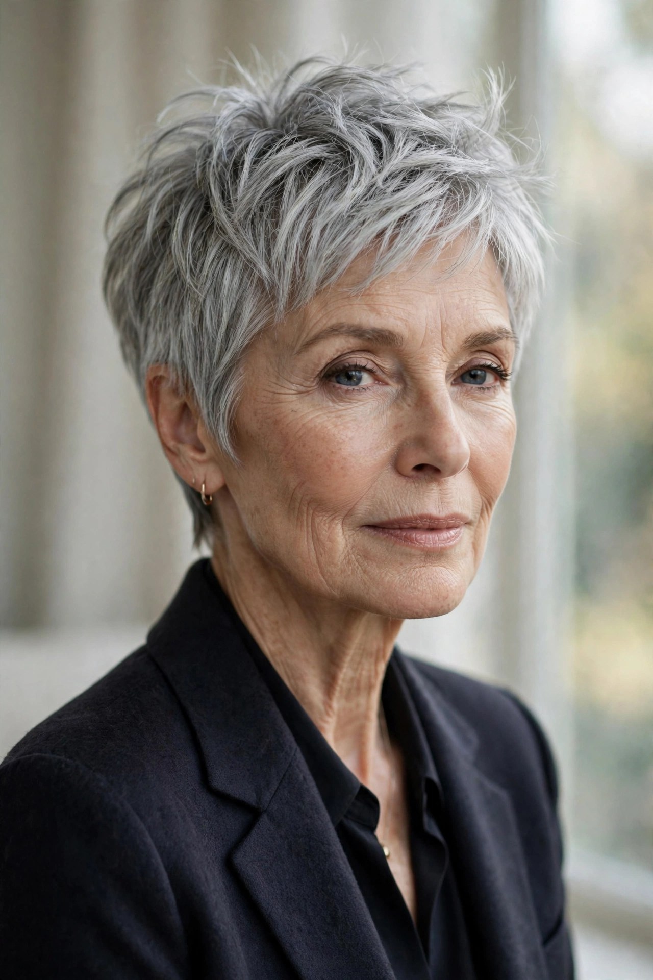 Woman in her 70s with a piecey crown silver pixie