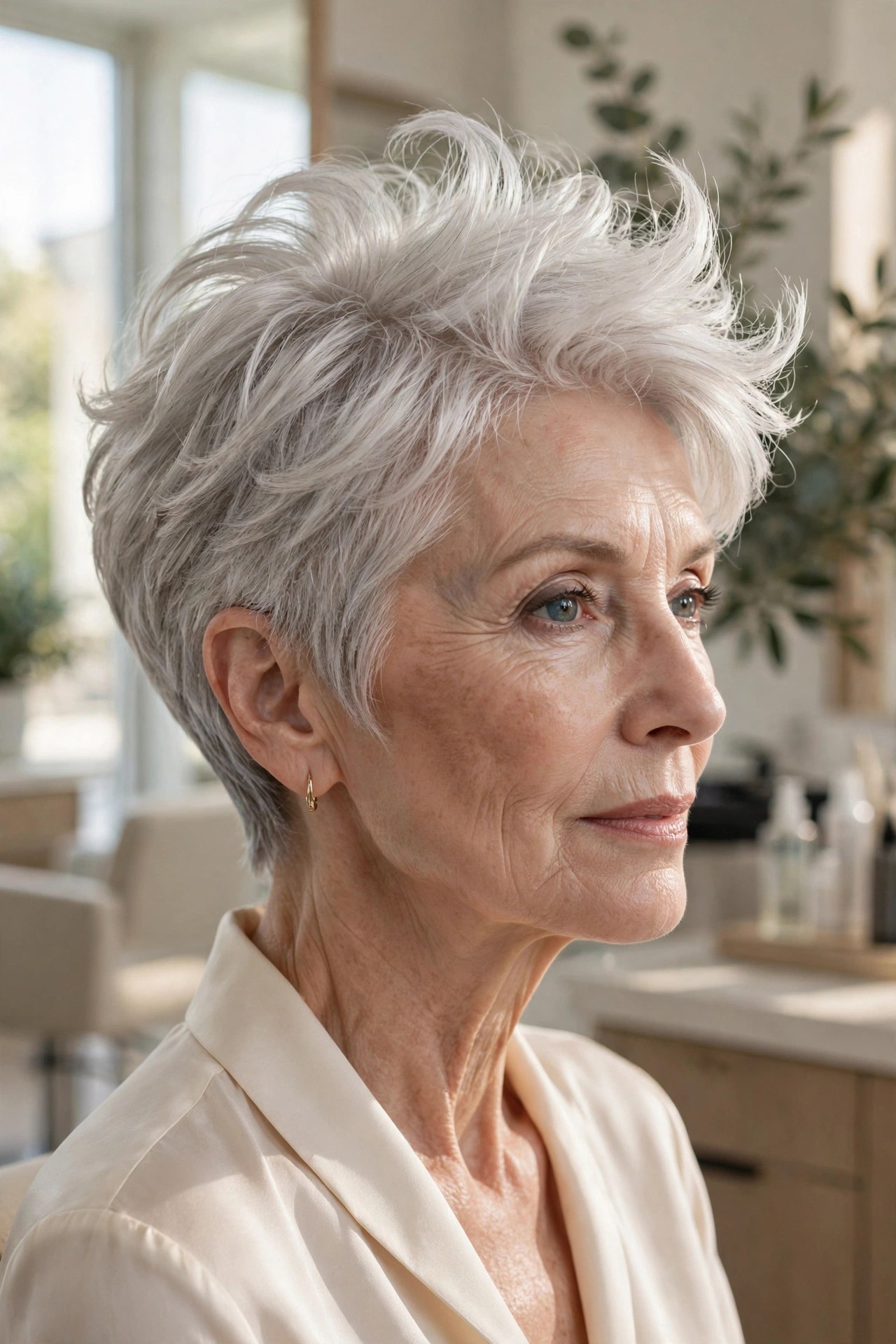 Woman in her 70s with a classic pixie with full floating top