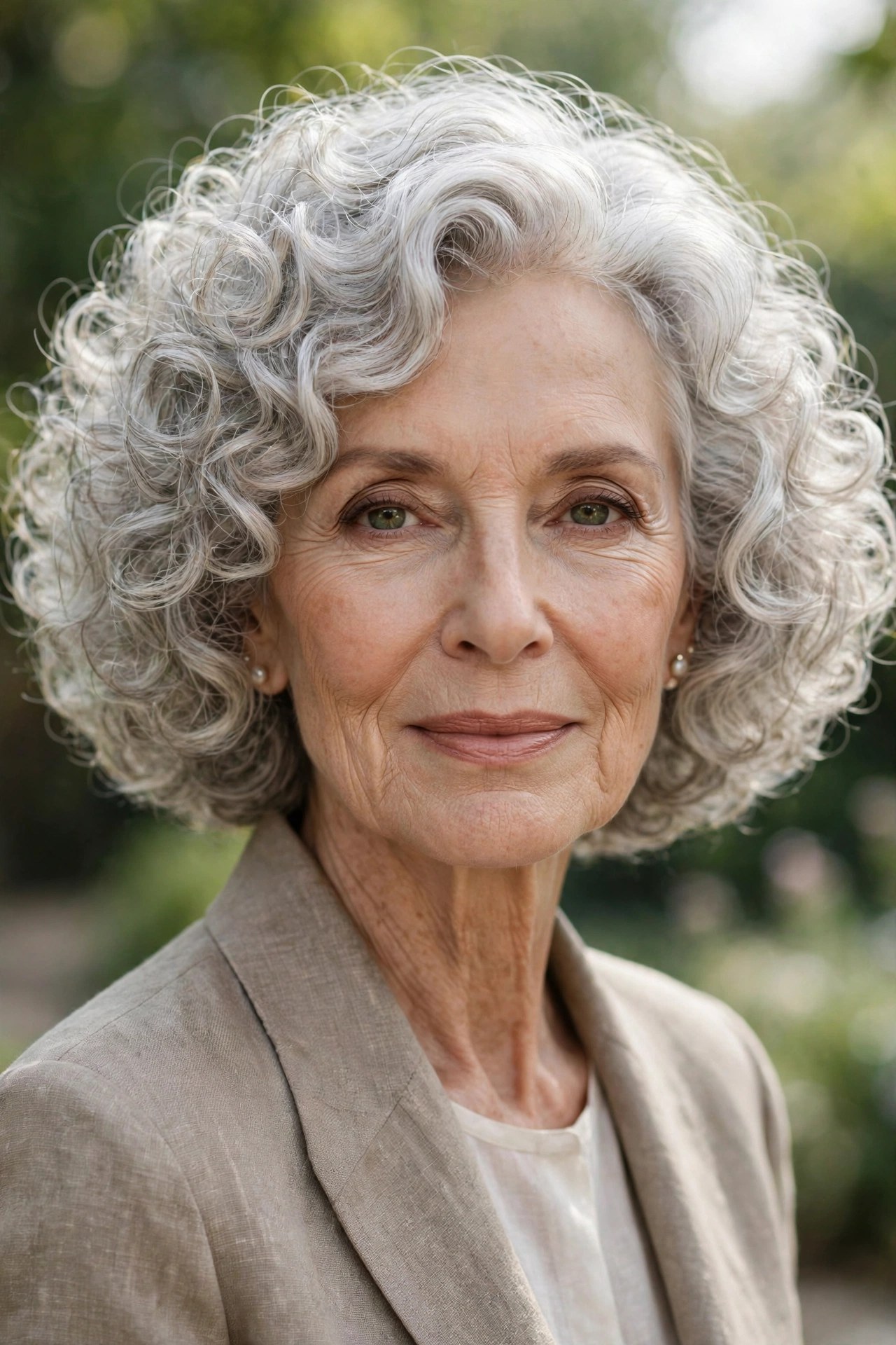 Woman in her 70s with a chin-grazing curly silver bob