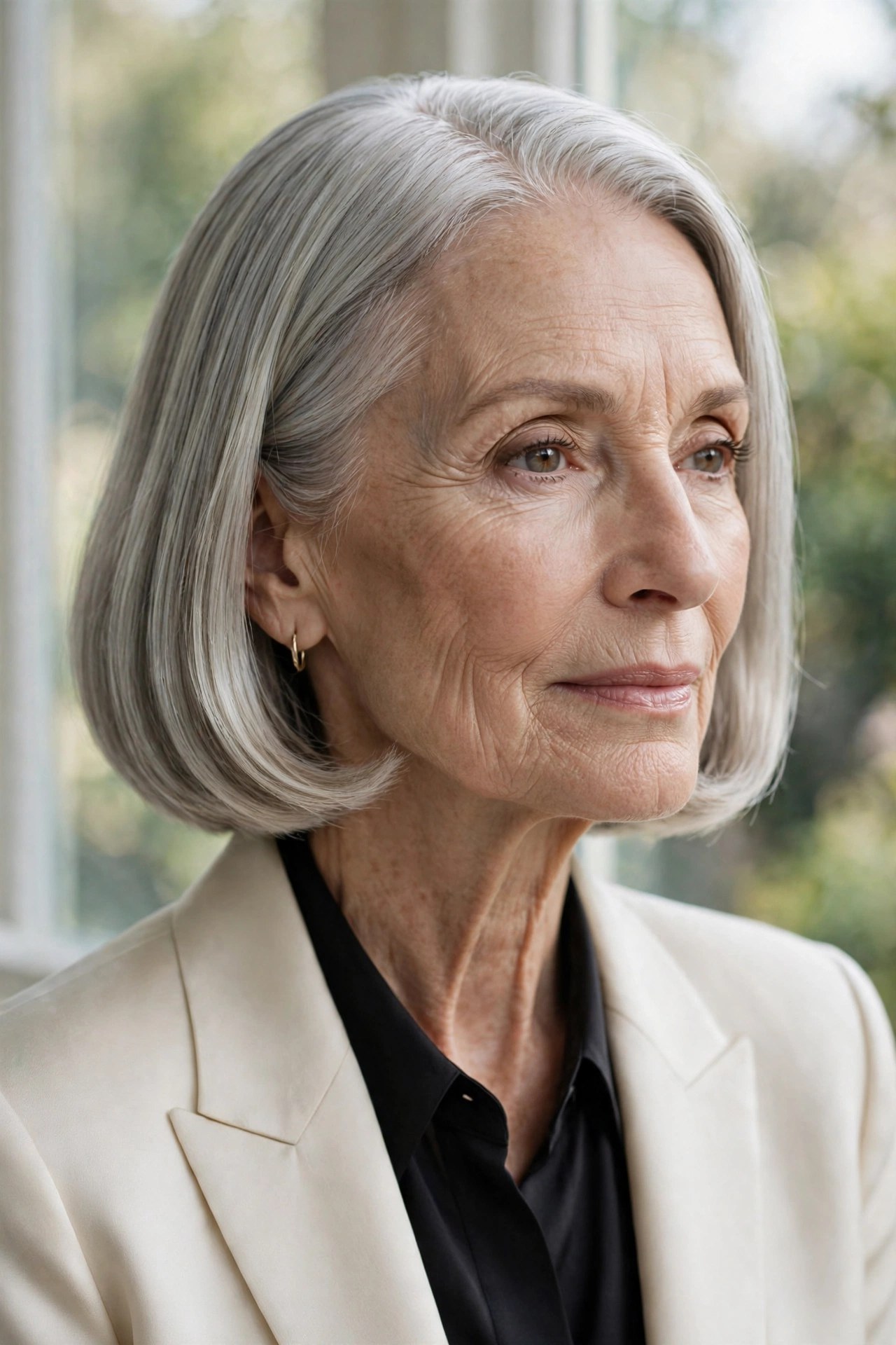 Woman in her 70s with a smooth volume bob with curved ends