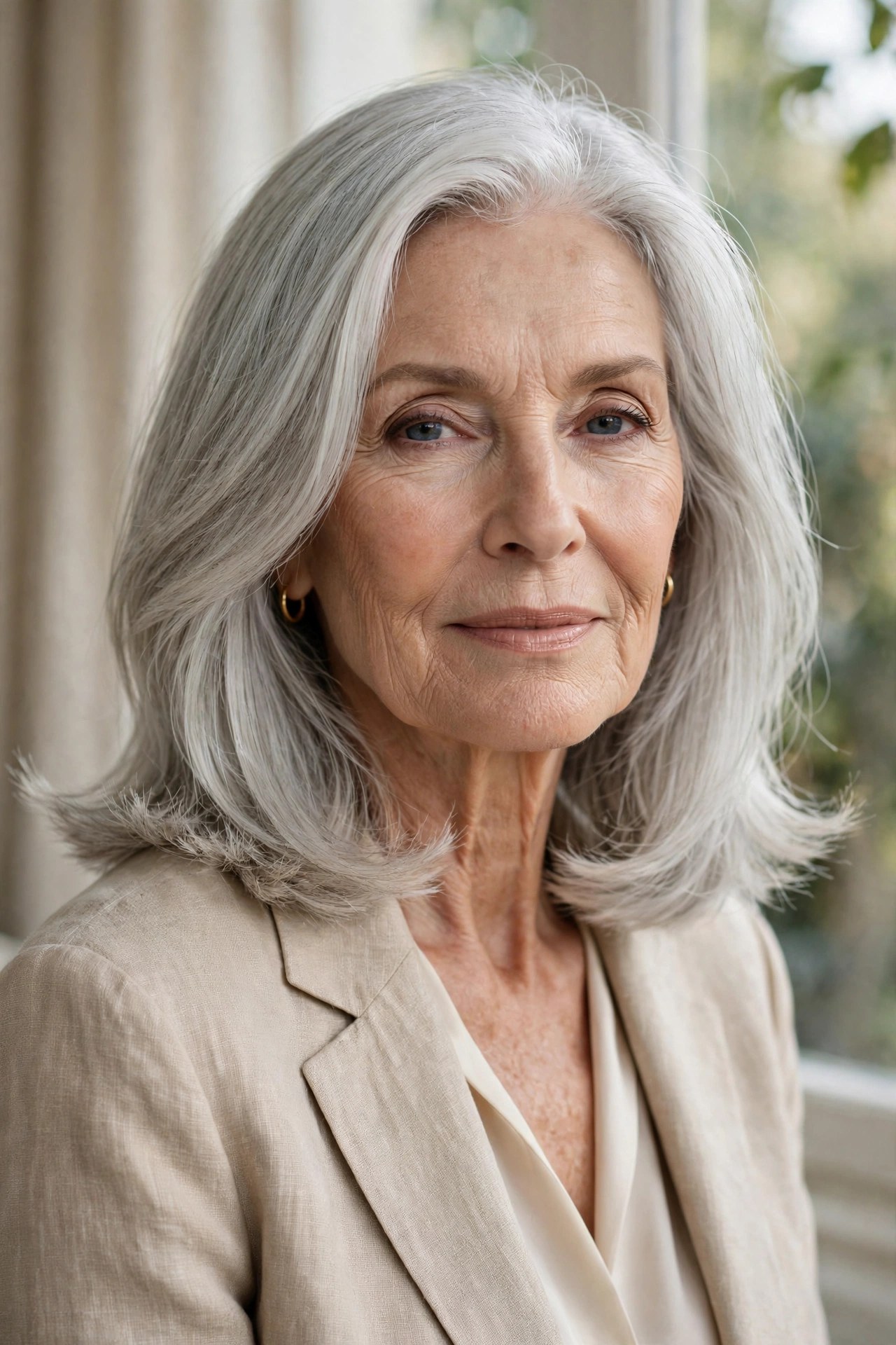 Woman in her 70s with an effortless silver lob