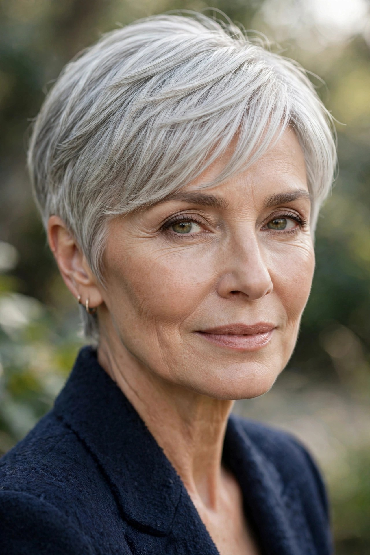Soft pixie haircut with sweeping side bangs on a woman in her 60s