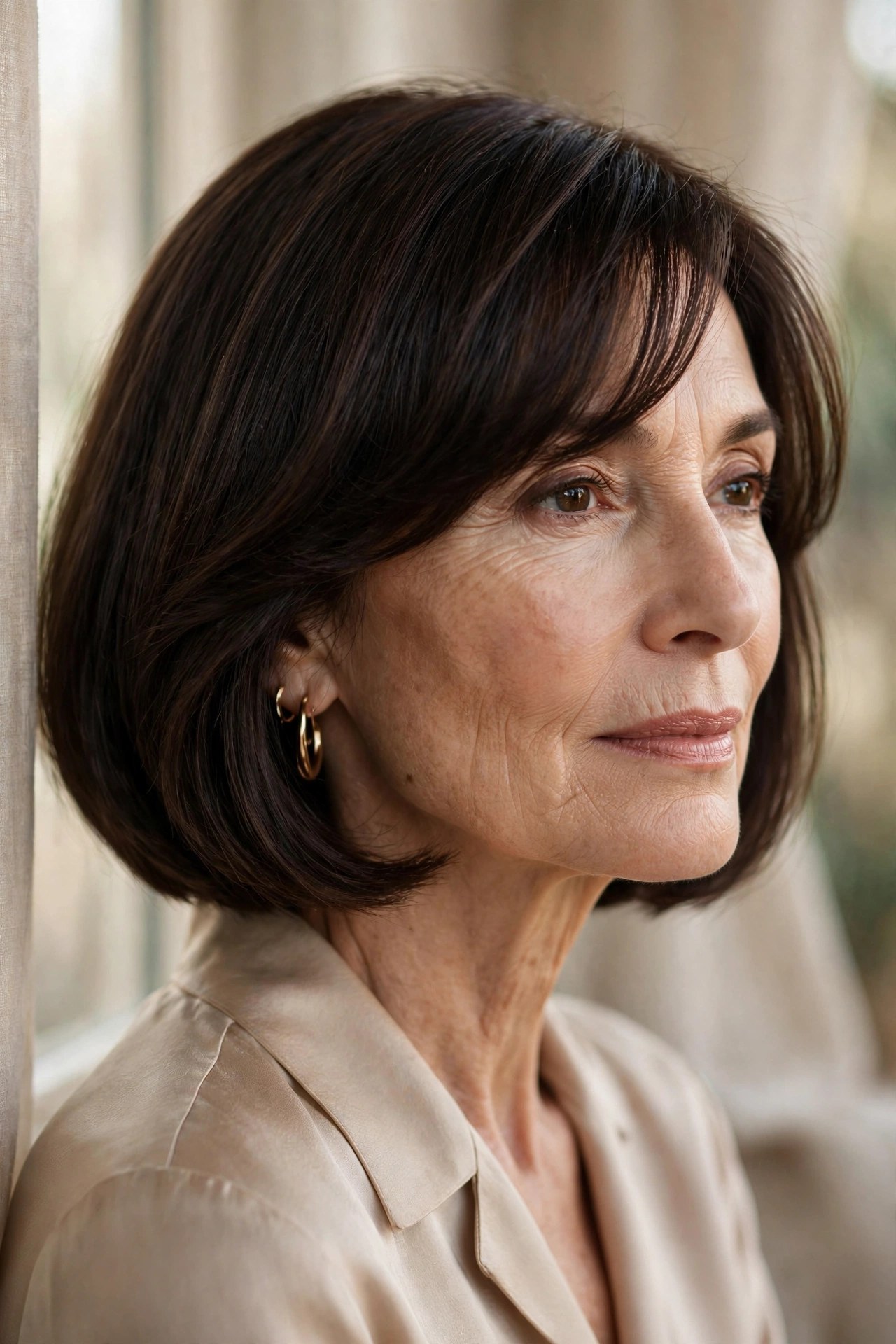 Chin-length bob haircut with side-swept bangs on a woman in her 60s