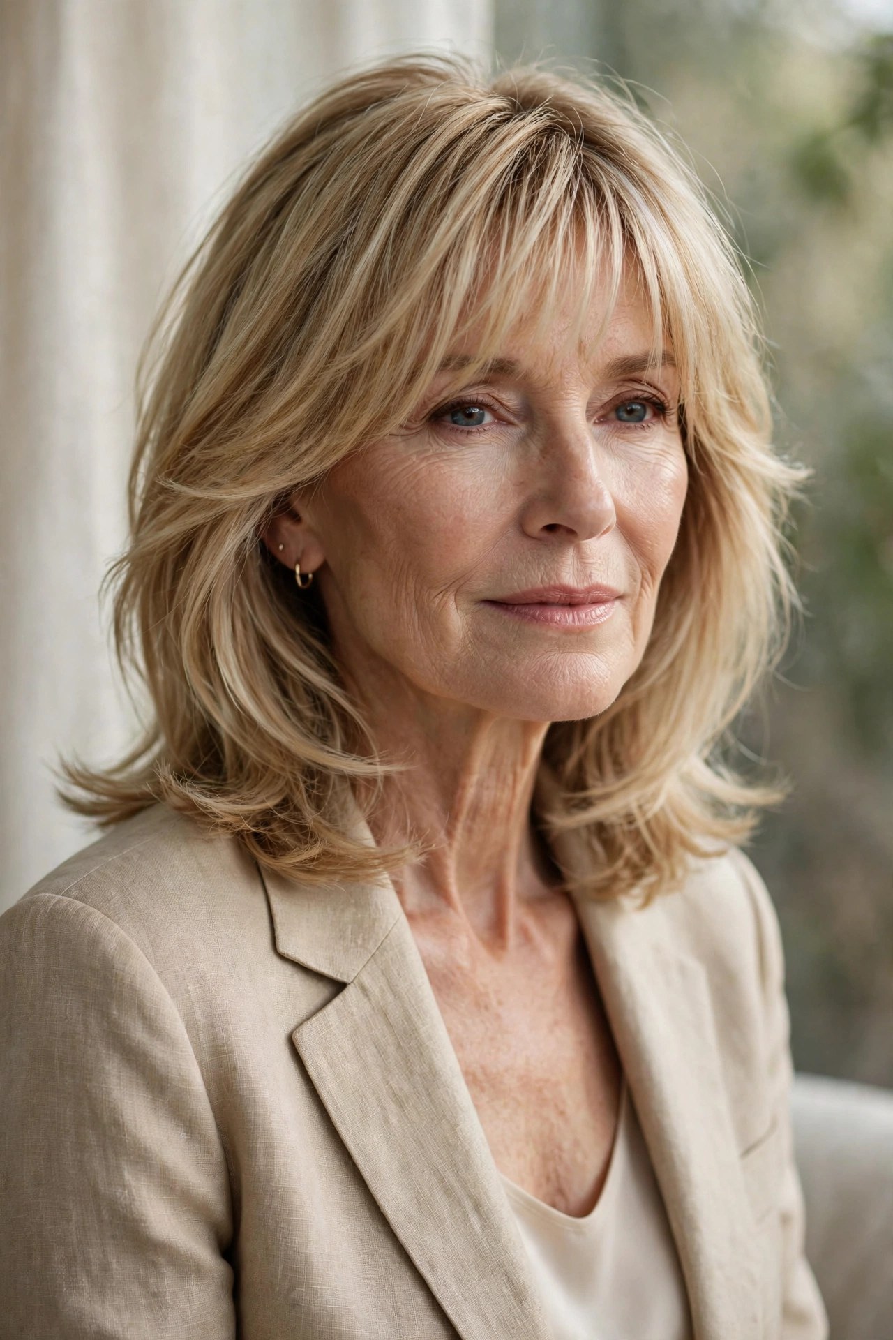 Feathered mid-length haircut with brow-skimming bangs on a woman in her 60s