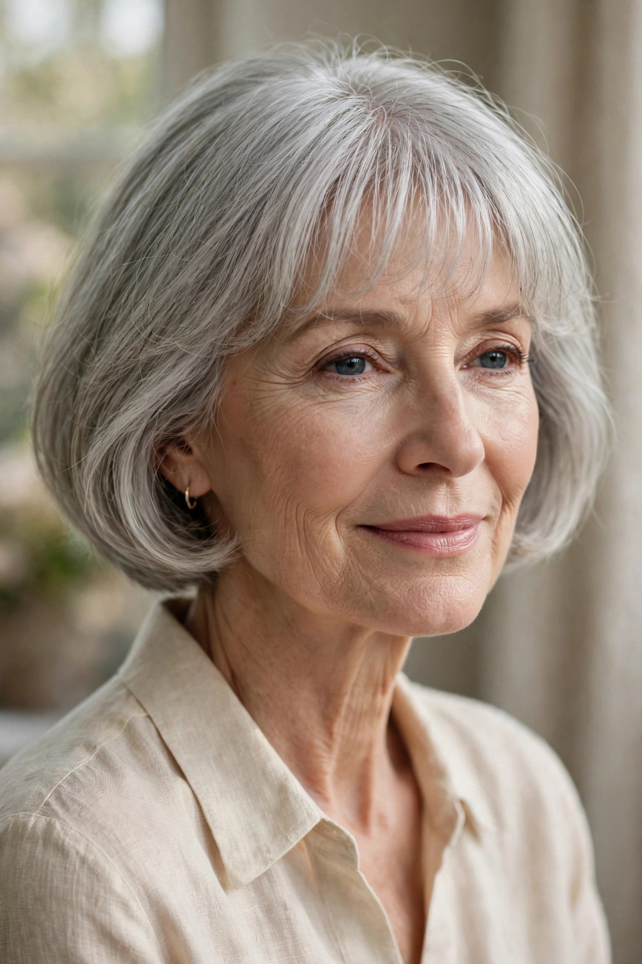 Soft rounded bob with thin light bangs on a woman in her 60s
