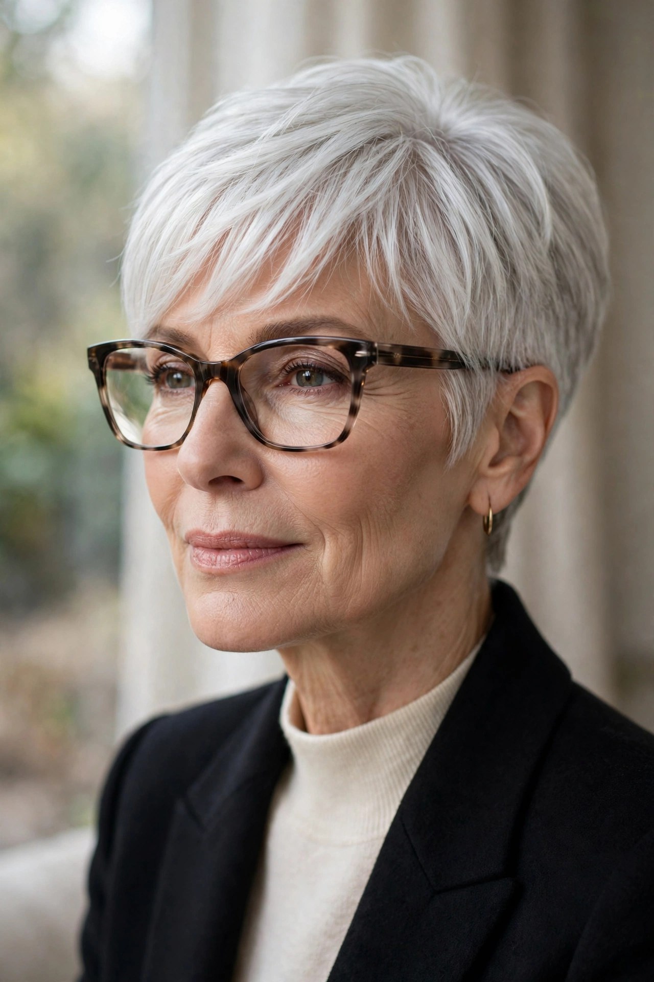 Pixie haircut with side bangs on a woman in her 60s wearing glasses