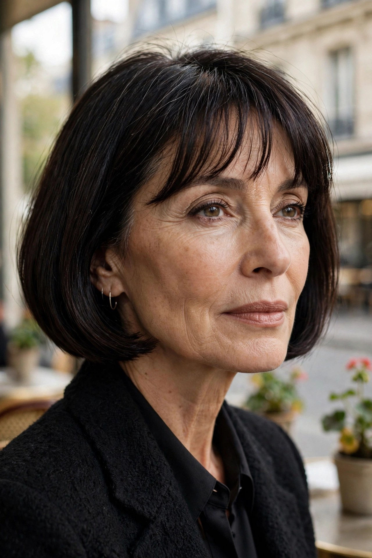 Jaw-length French bob with wispy fringe on a woman in her 60s