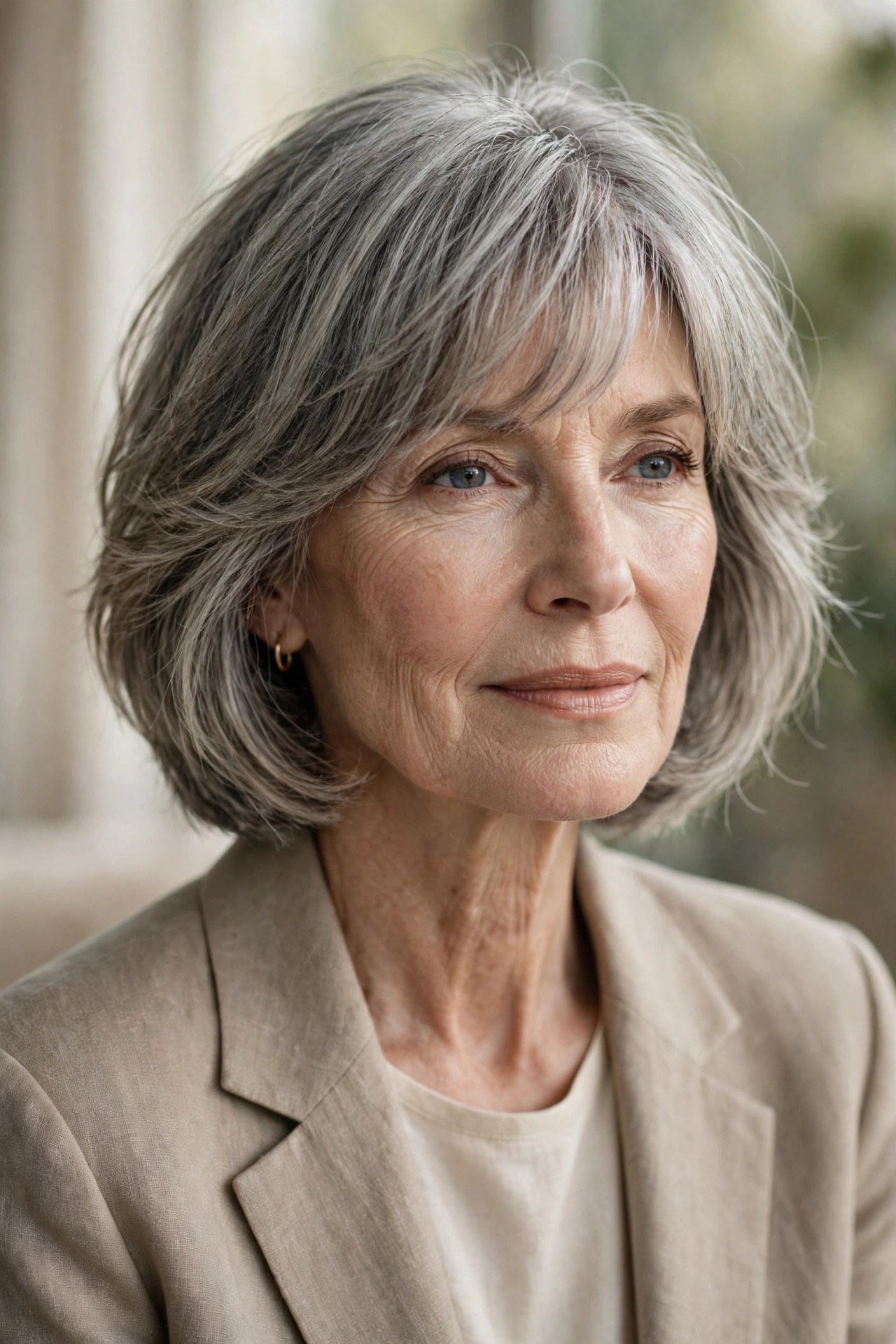 Layered gray bob with soft blended fringe on a woman in her 60s
