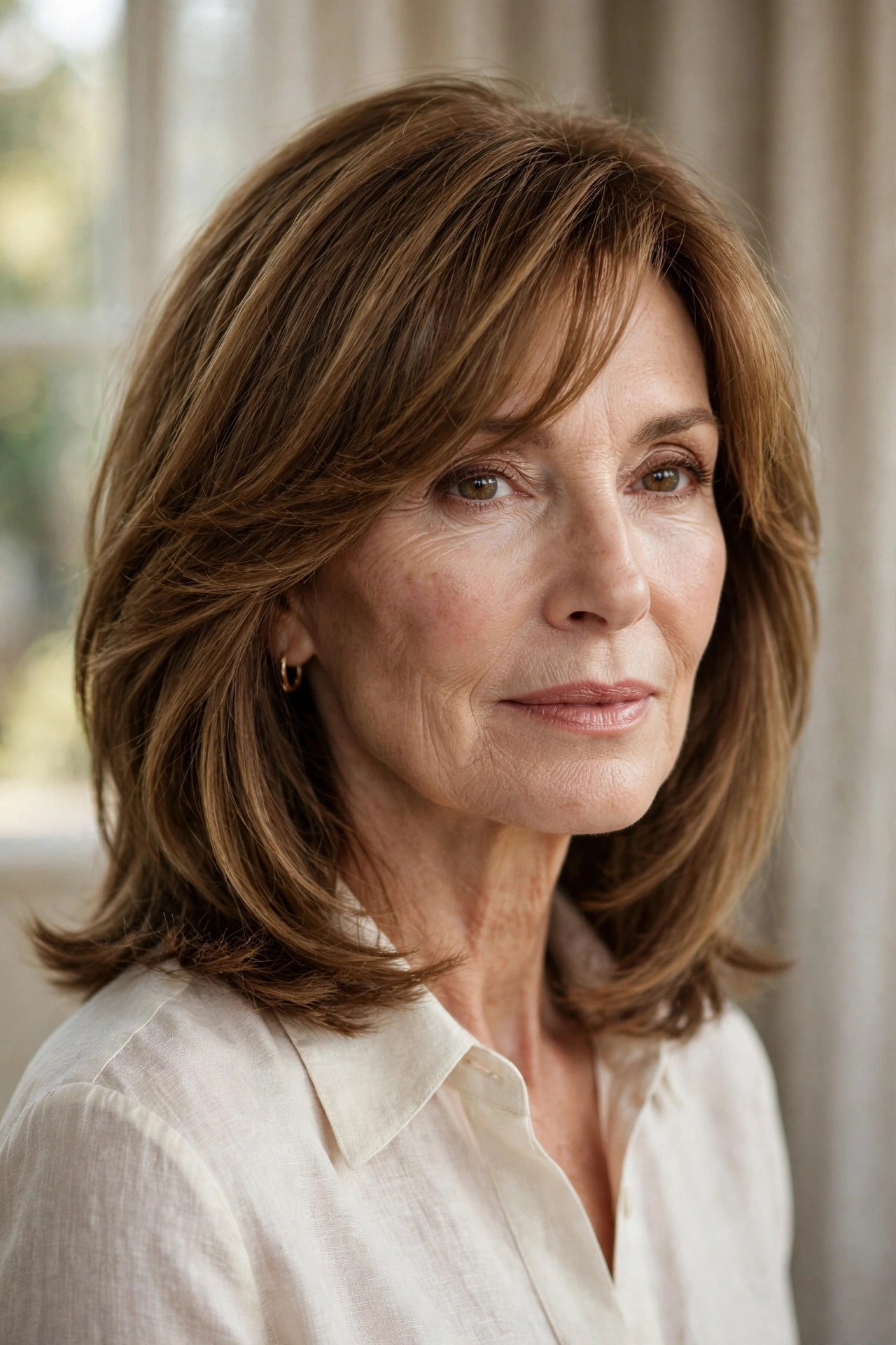 Layered lob haircut with side bangs on a woman in her 60s