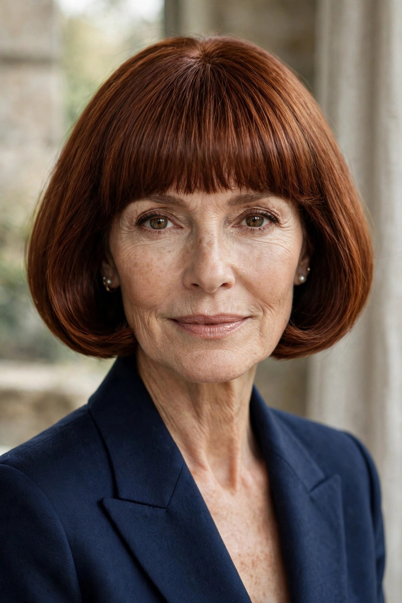 Rounded bob haircut with full bangs on a woman in her 60s