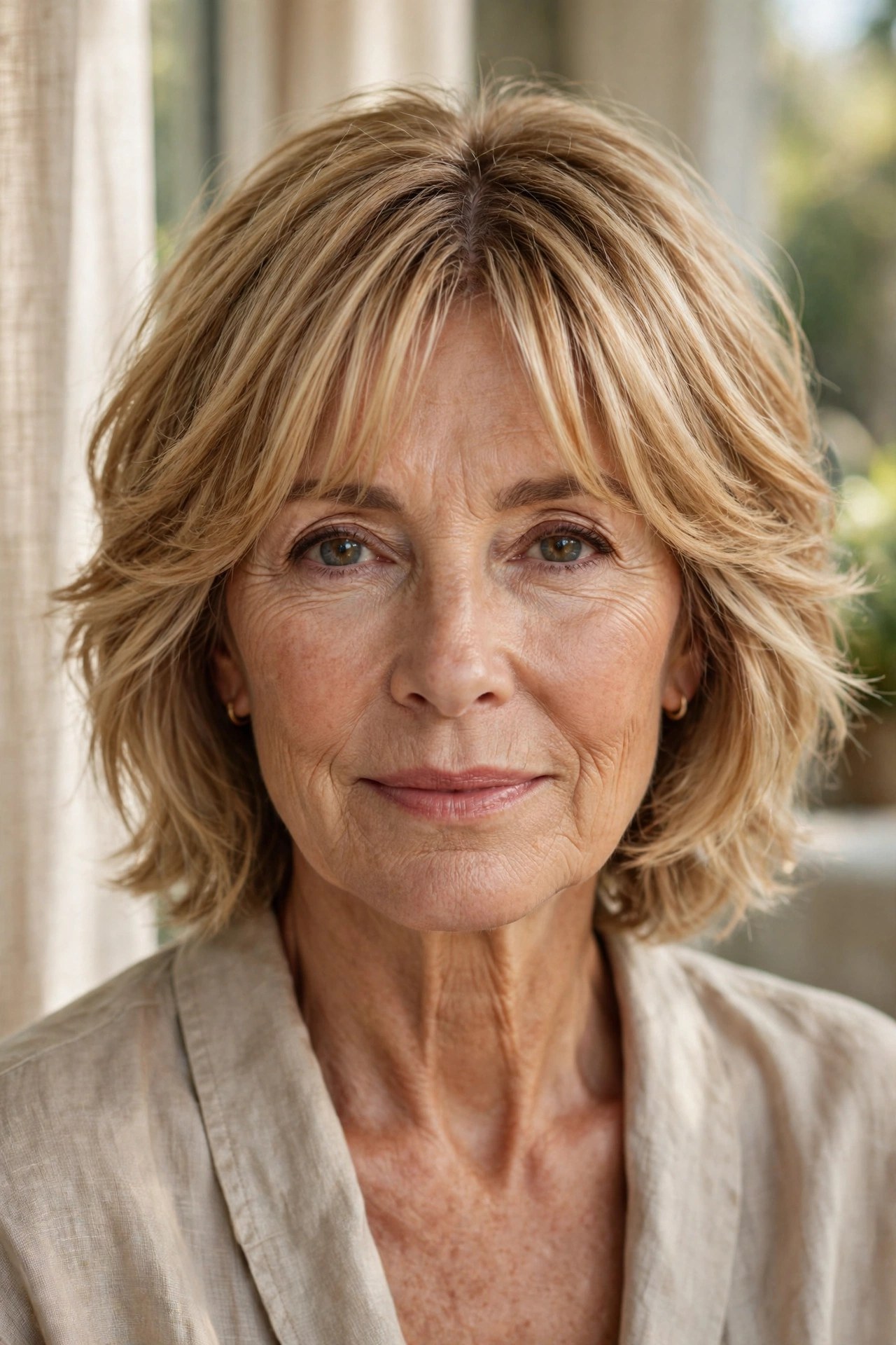 Textured lob haircut with curtain bangs on a woman in her 60s