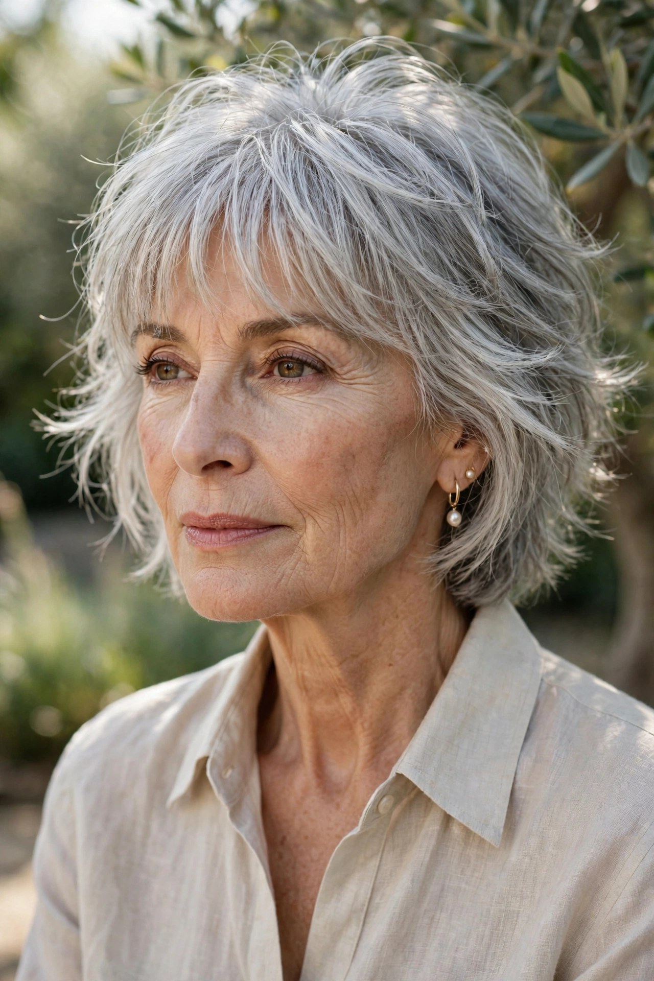 Short shag haircut with airy light bangs on a woman in her 60s