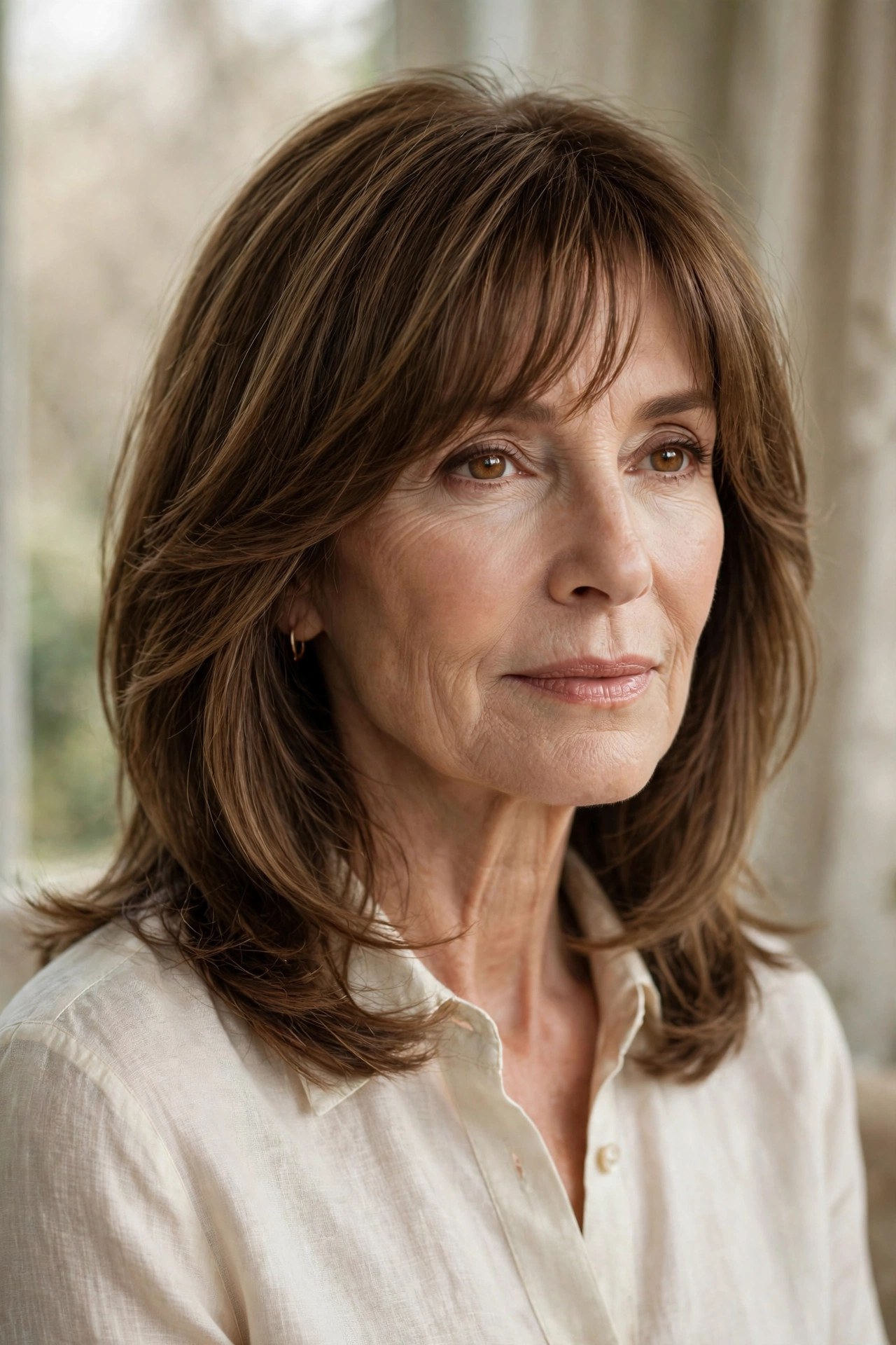Shoulder-length haircut with long bangs on a woman in her 60s