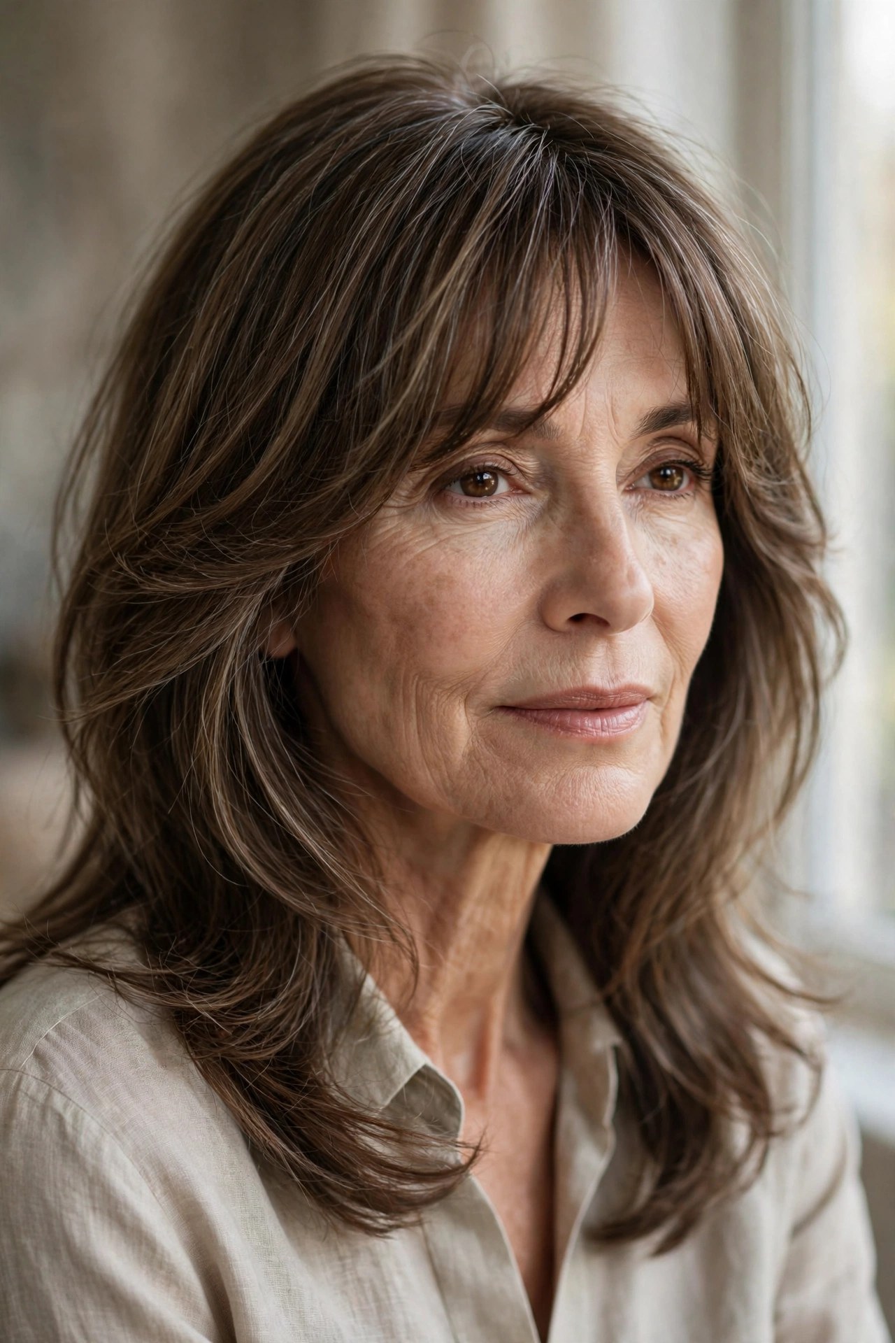Grown-out bangs blended into soft layers on a woman in her 60s