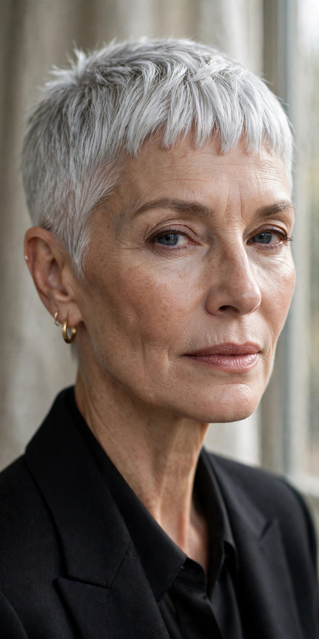 Silver crop haircut with short baby bangs on a woman in her 60s