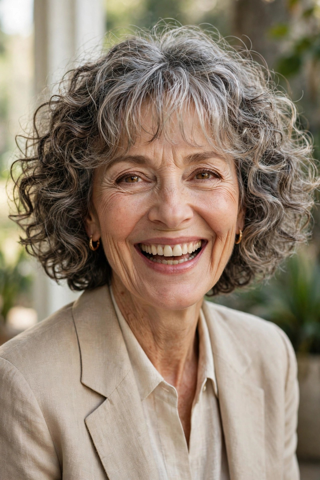 Curly bob haircut with light bangs on a woman in her 60s