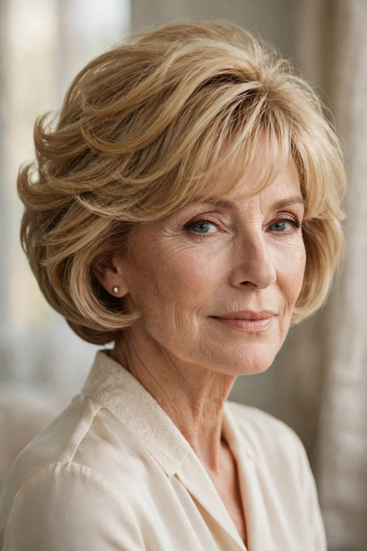 Stacked bob haircut with soft front bangs on a woman in her 60s