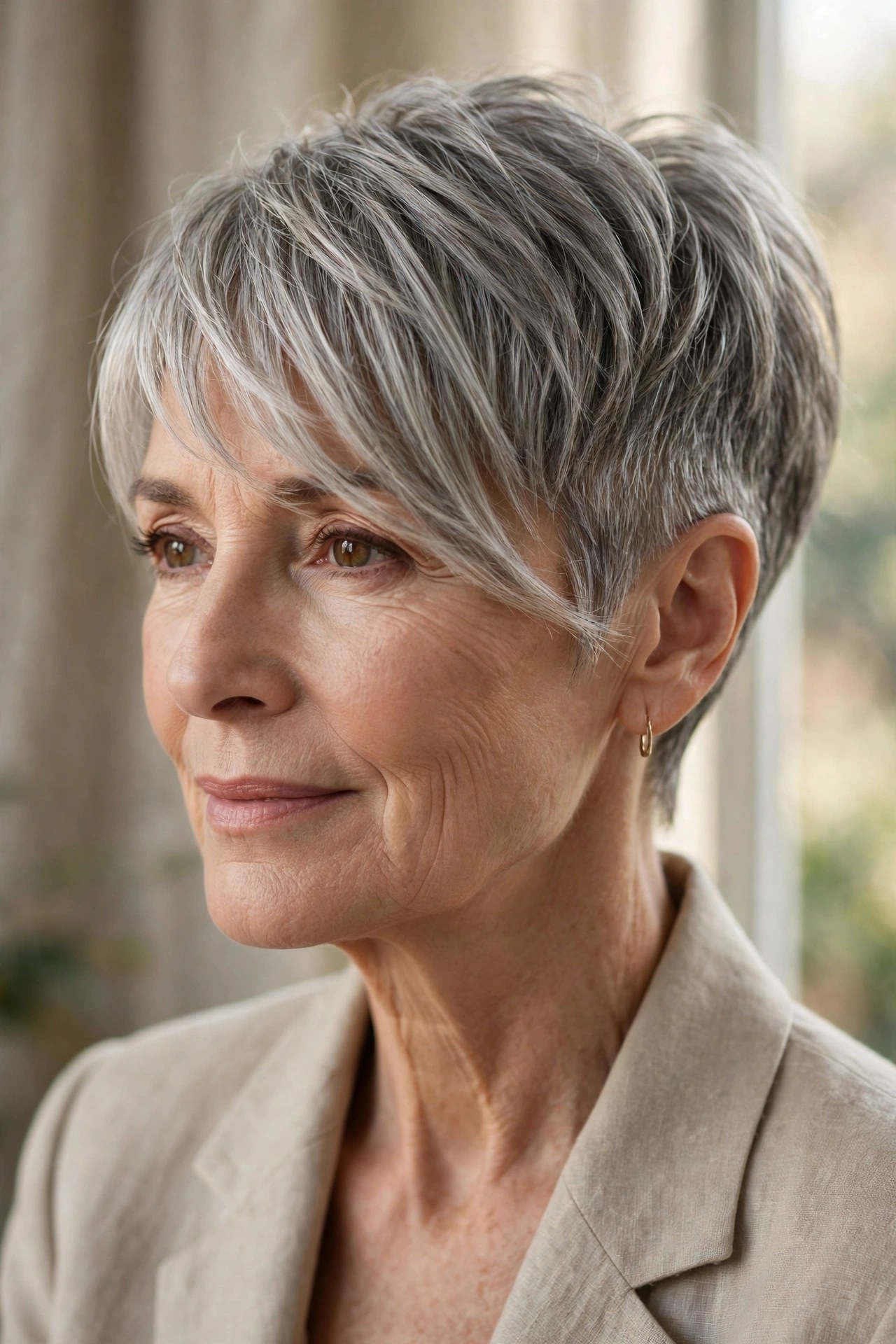 Tapered pixie haircut with long bangs on a woman in her 60s