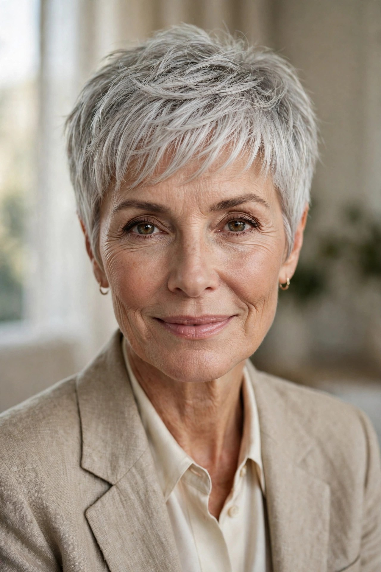 Textured pixie haircut with feathered fringe on a woman in her 60s