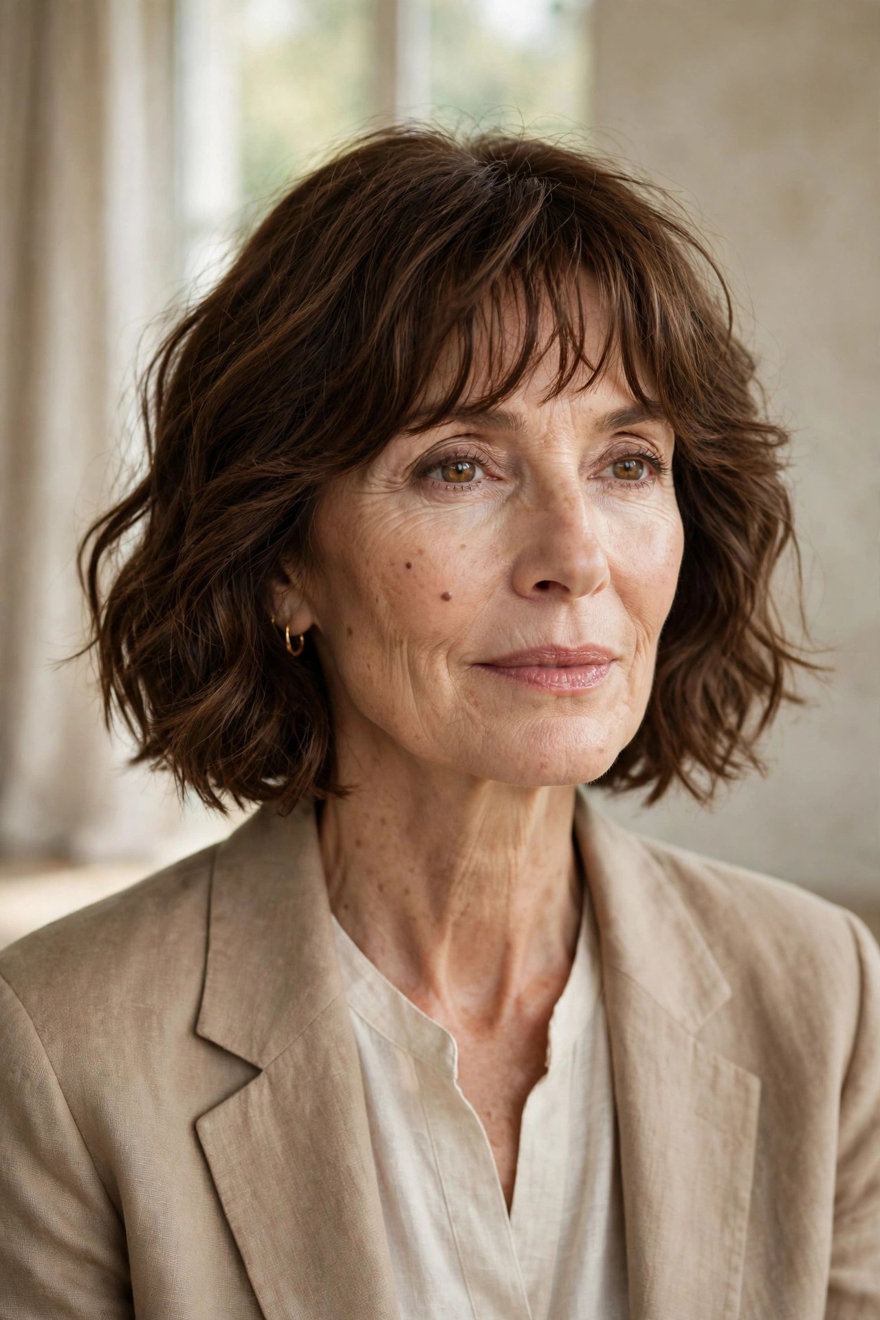 Wavy bob haircut with piecey bangs on a woman in her 60s