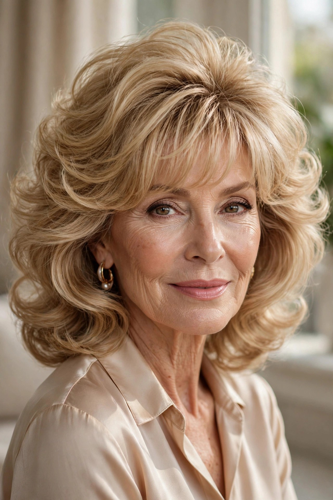 Shoulder-length blowout with soft bangs on a woman in her 60s