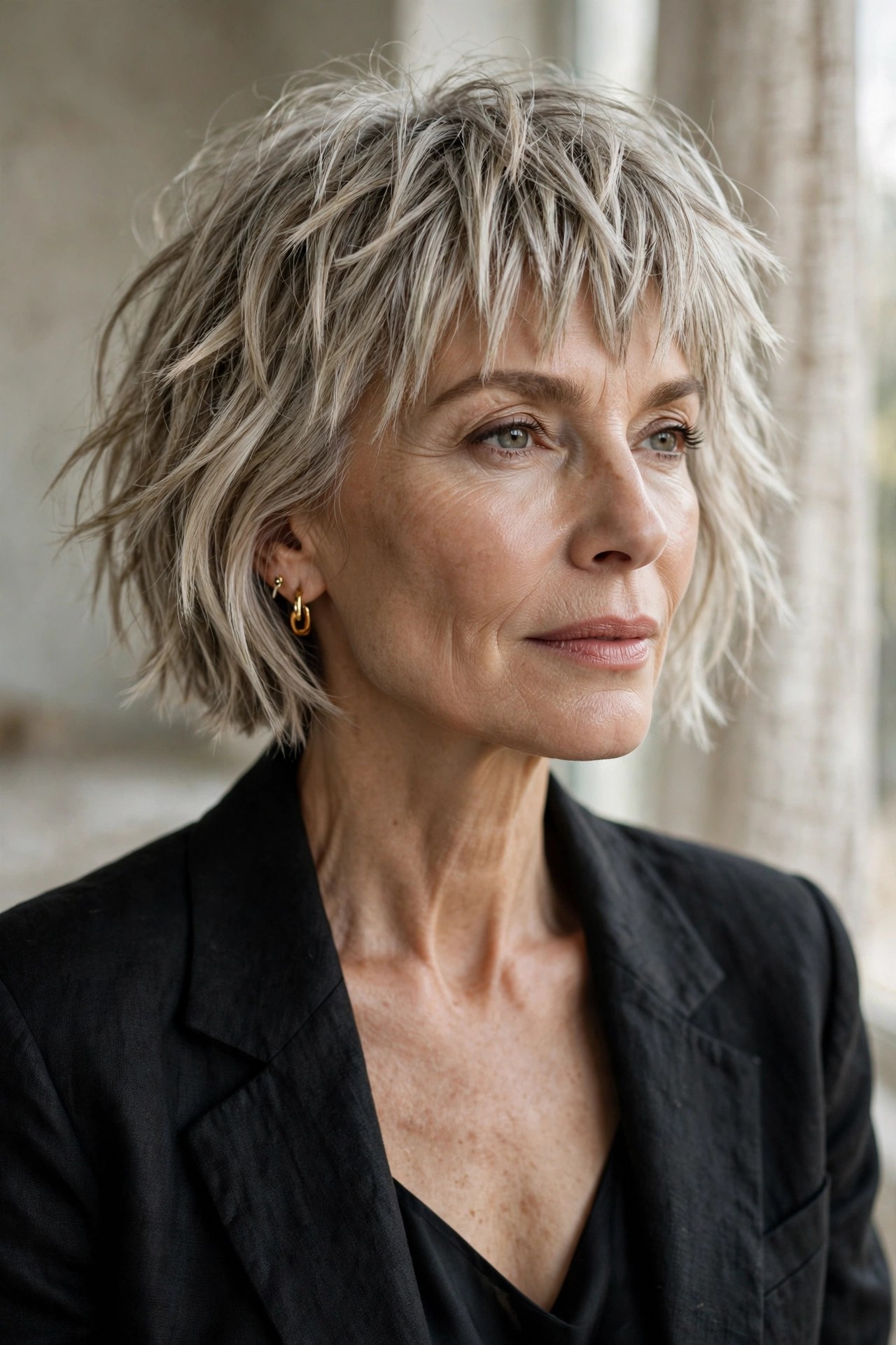 Textured bob haircut with textured bangs on a woman in her 60s