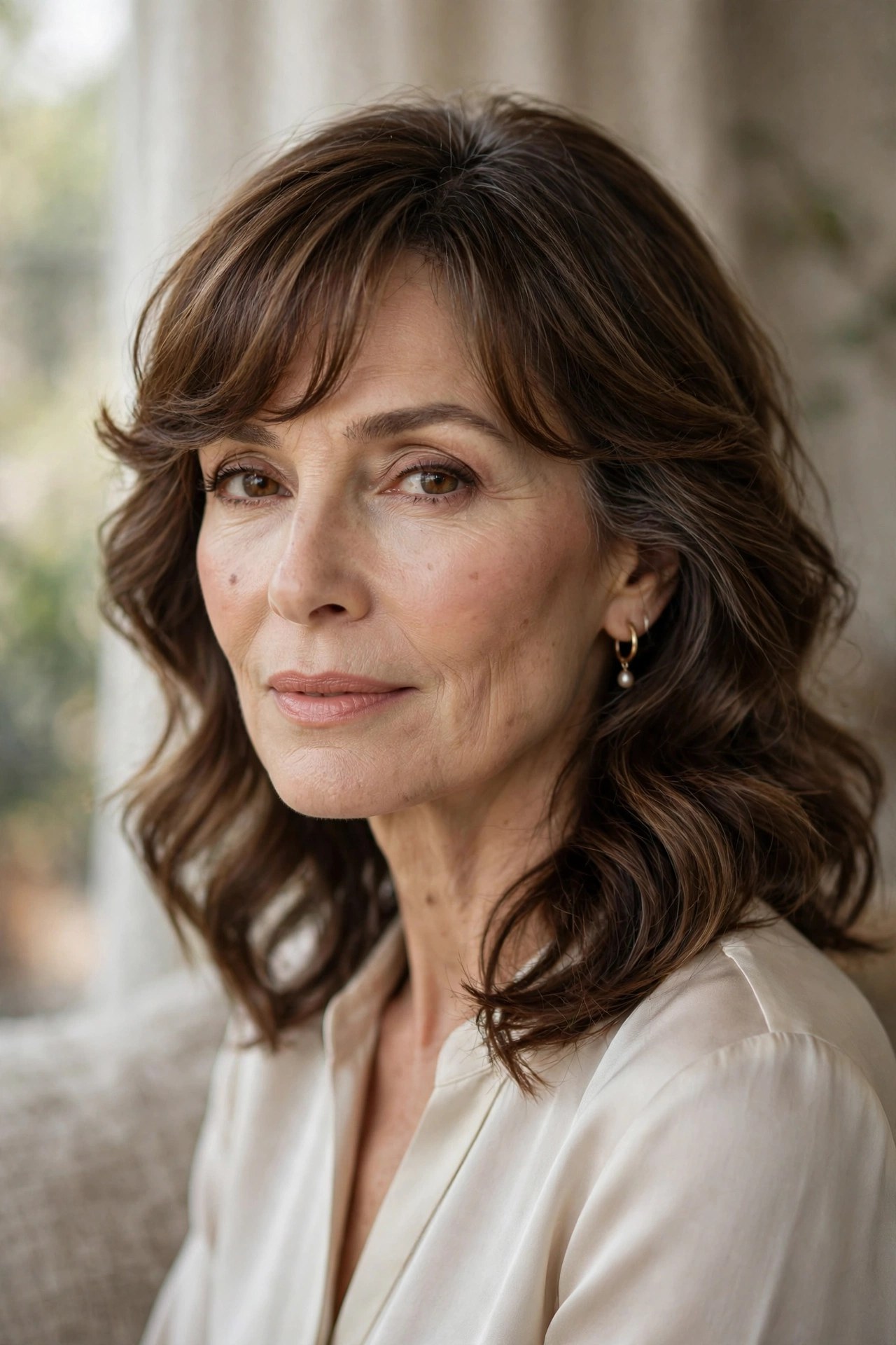 Romantic shoulder-length waves with side-swept bangs on a woman in her 60s