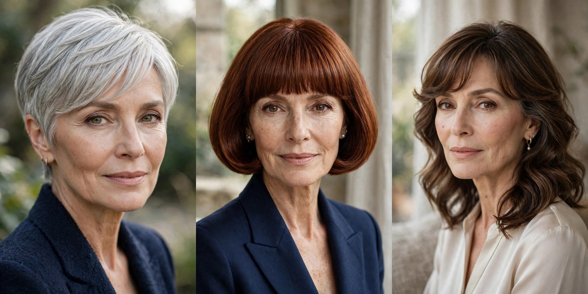 23 hairstyles for women over 60 with bangs collage