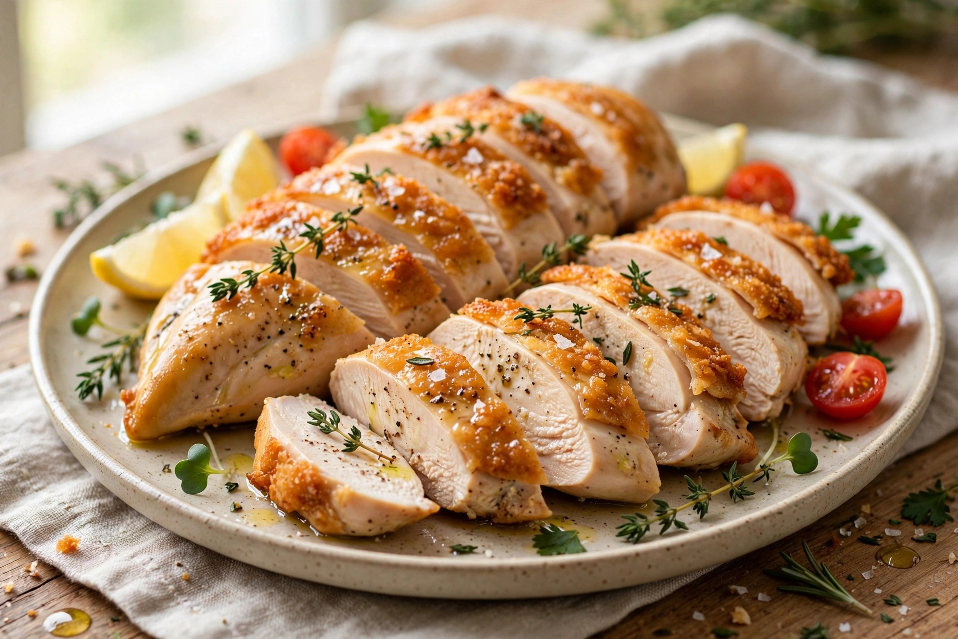 Air fryer chicken breasts golden and juicy sliced
